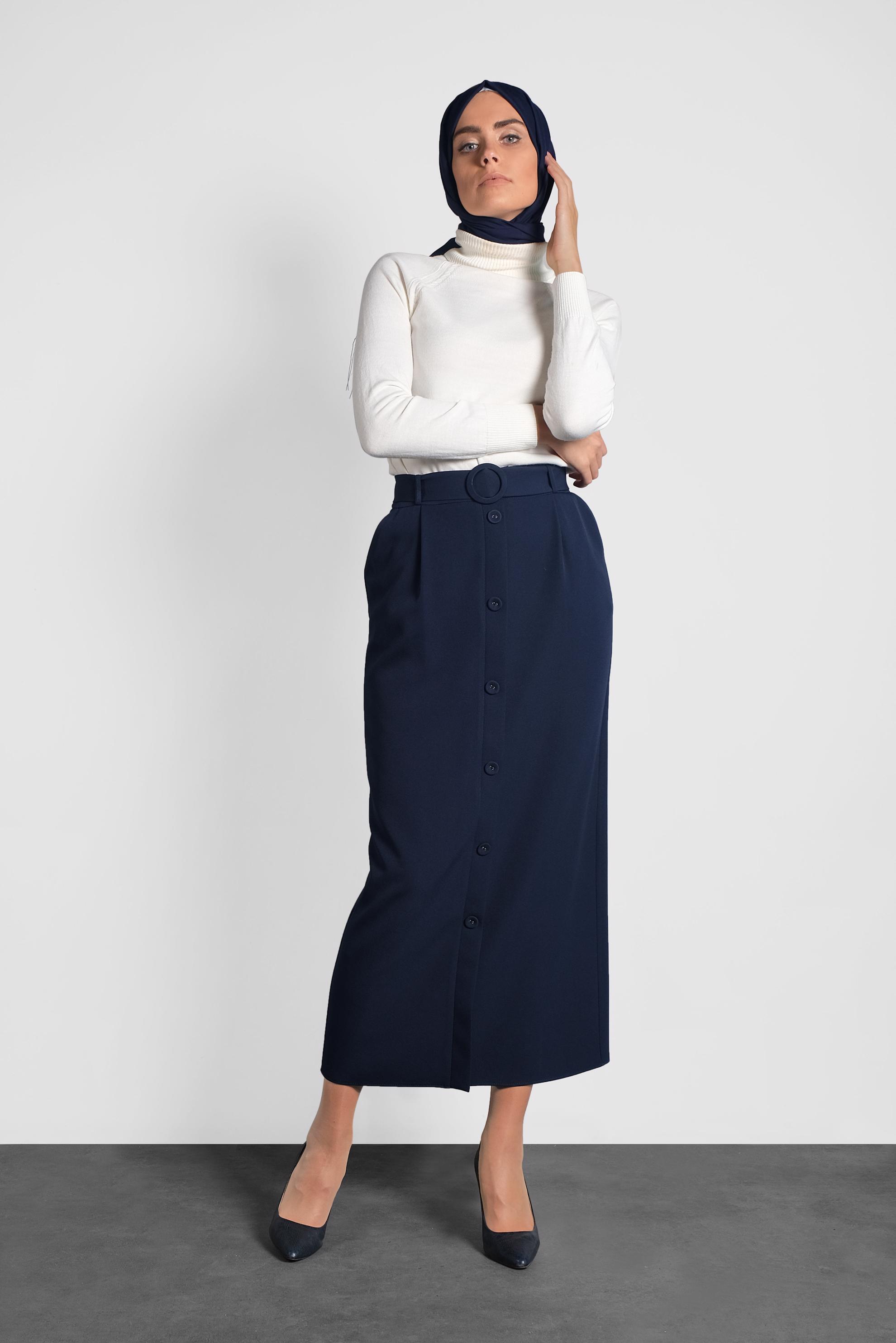 Tesettür giyim LACİVERT DÜĞMELİ KEMERLİ ETEK 60007