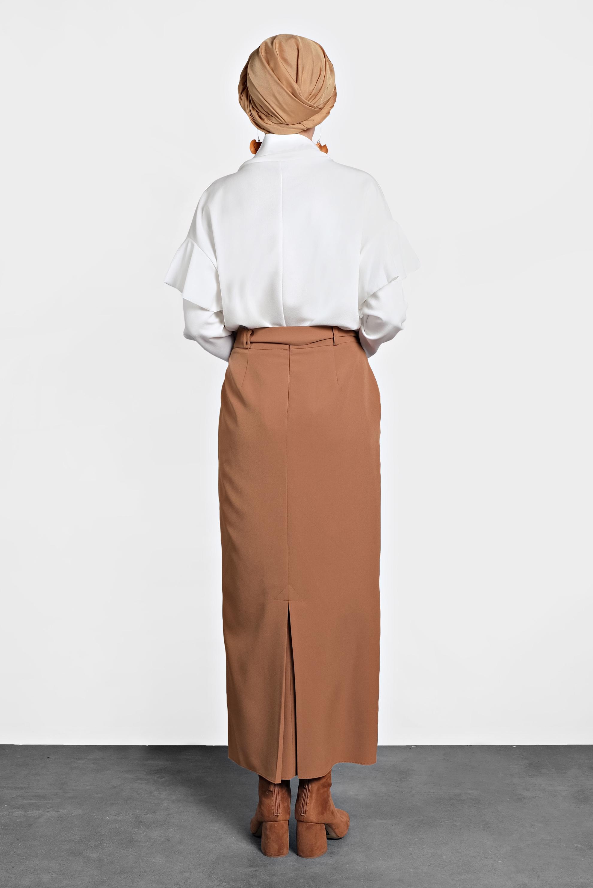 Tesettür giyim TABA DÜĞMELİ KEMERLİ ETEK 60007