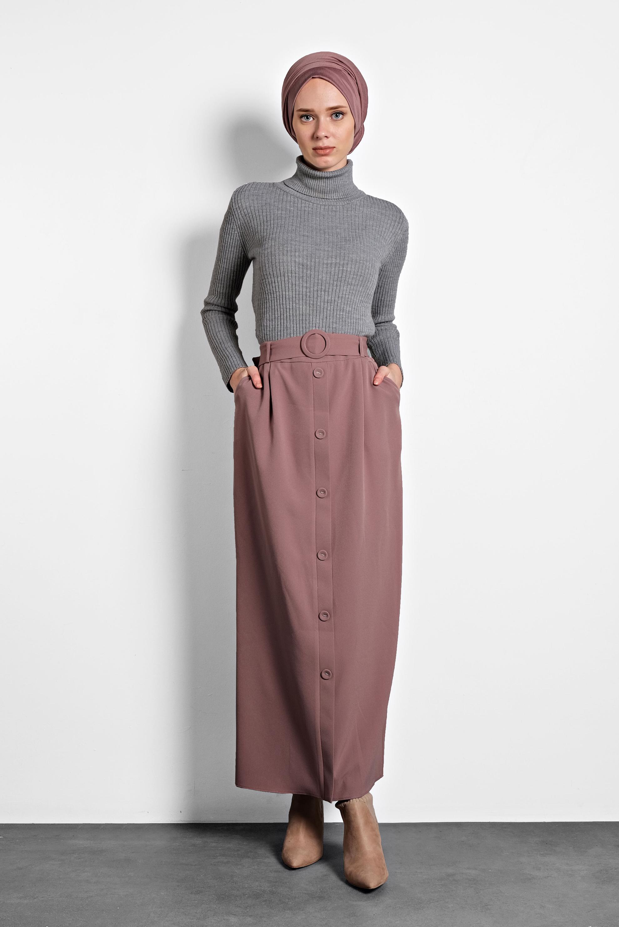 Tesettür giyim PEMBE DÜĞMELİ KEMERLİ ETEK 60007