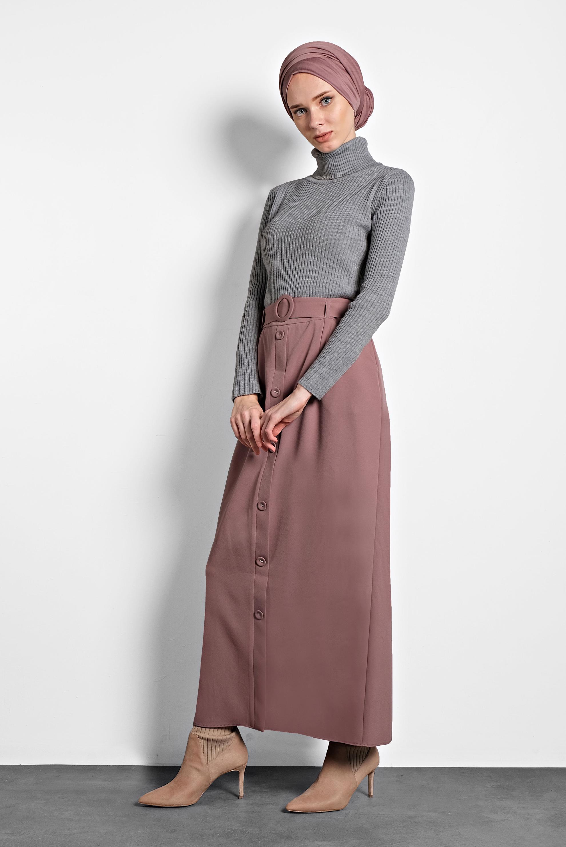 Tesettür giyim PEMBE DÜĞMELİ KEMERLİ ETEK 60007