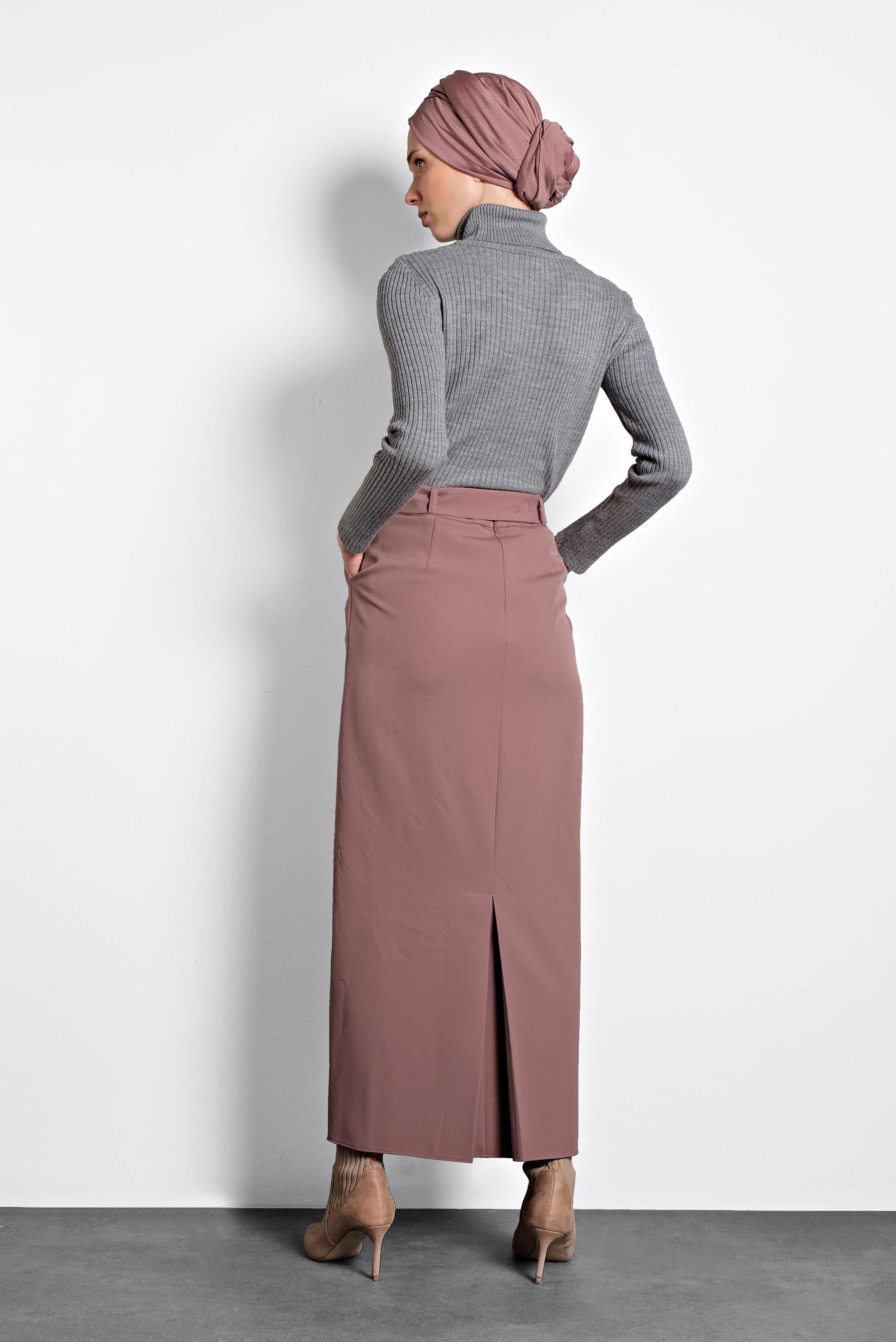 Tesettür giyim PEMBE DÜĞMELİ KEMERLİ ETEK 60007