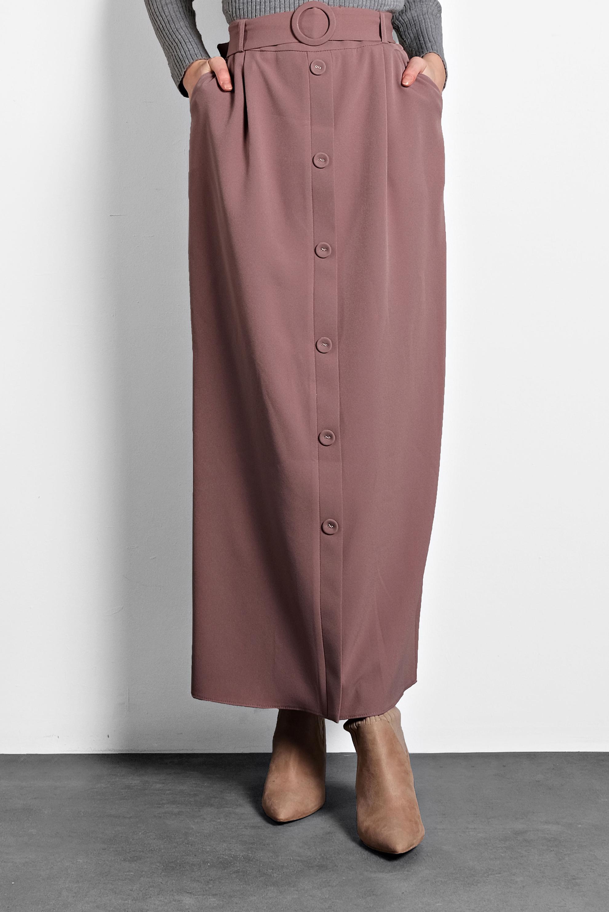 Tesettür giyim PEMBE DÜĞMELİ KEMERLİ ETEK 60007