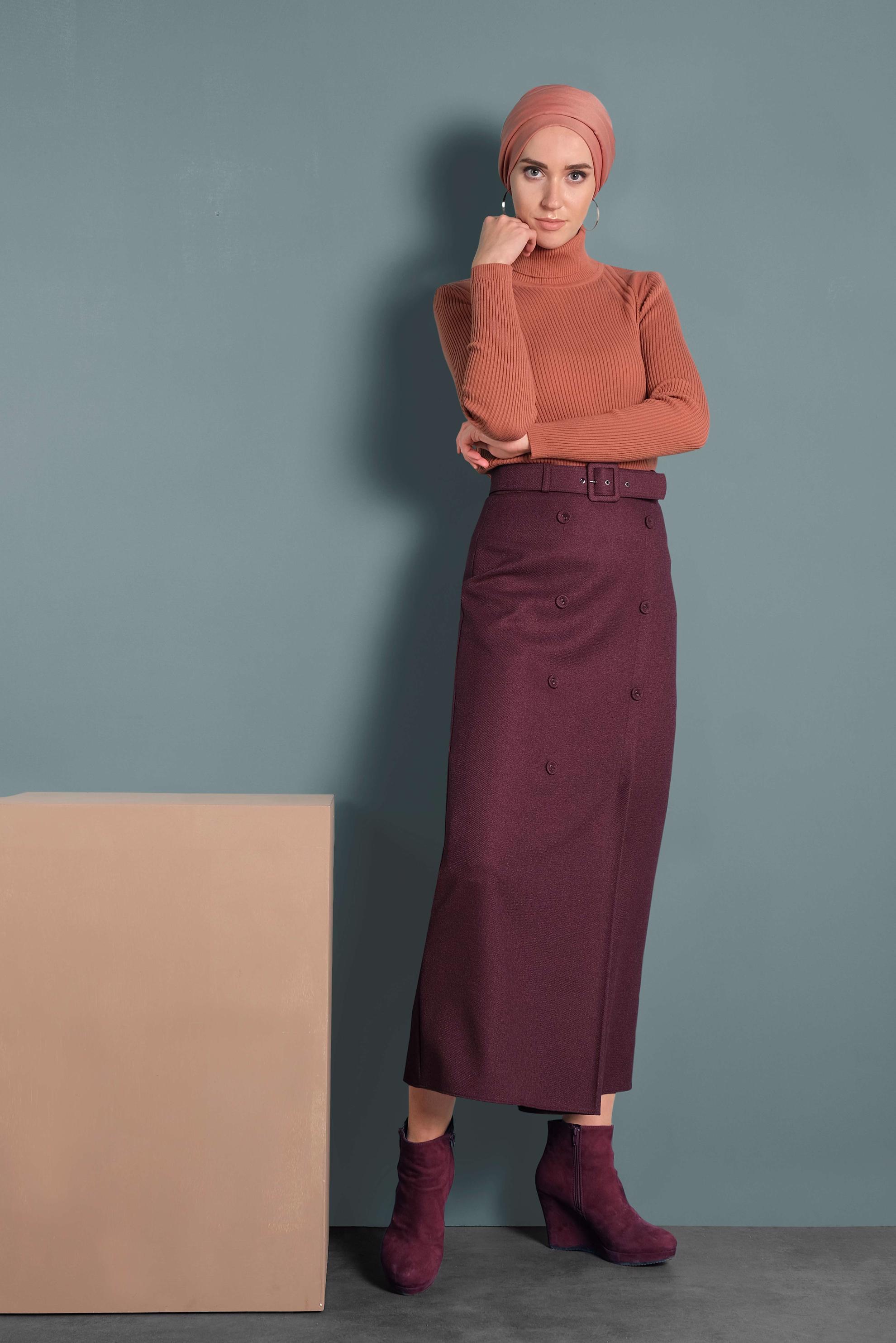 Tesettür giyim MÜRDÜM YÜKSEK BEL DÜĞMELİ ETEK 60008