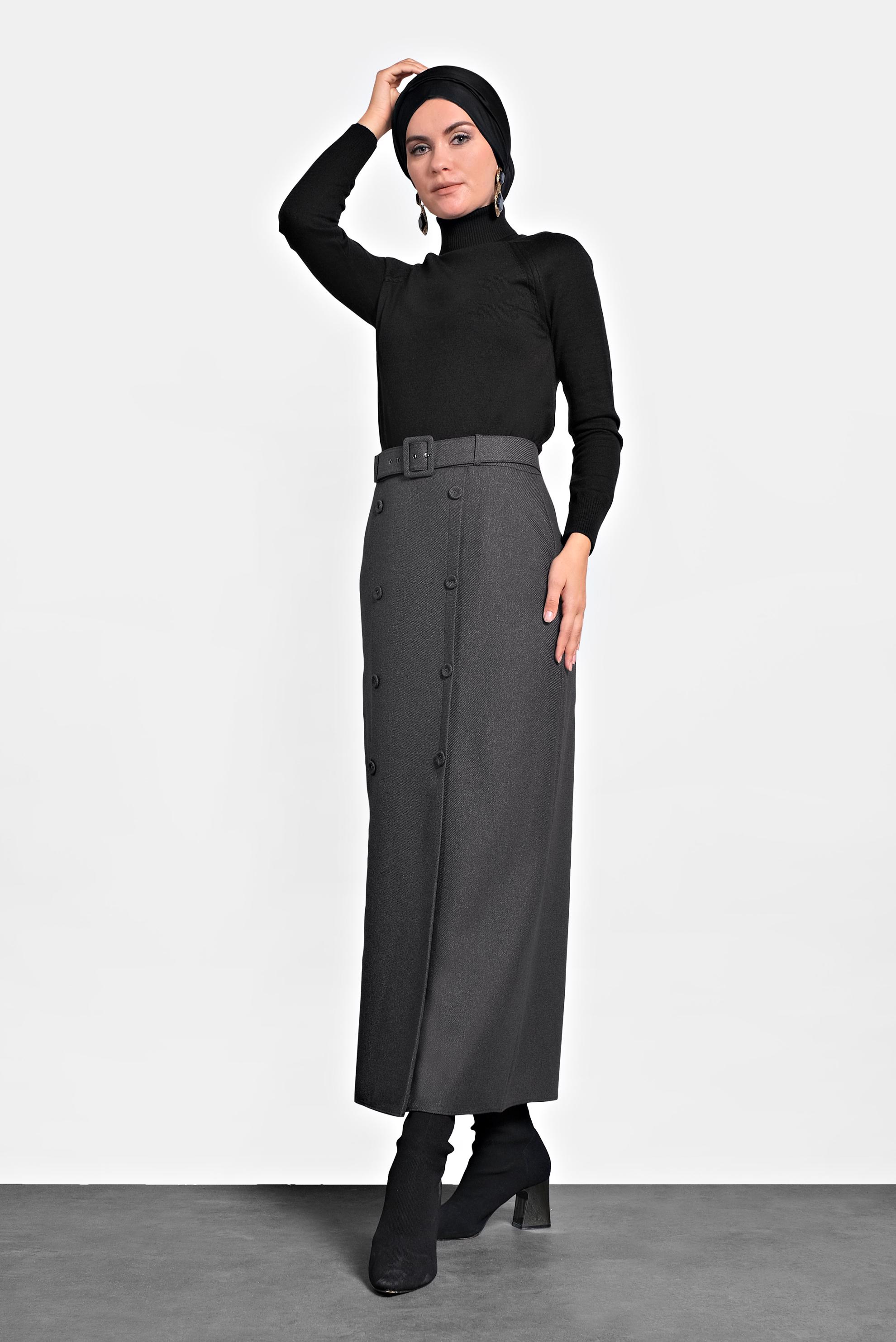 Tesettür giyim GRİ YÜKSEK BEL DÜĞMELİ ETEK 60008