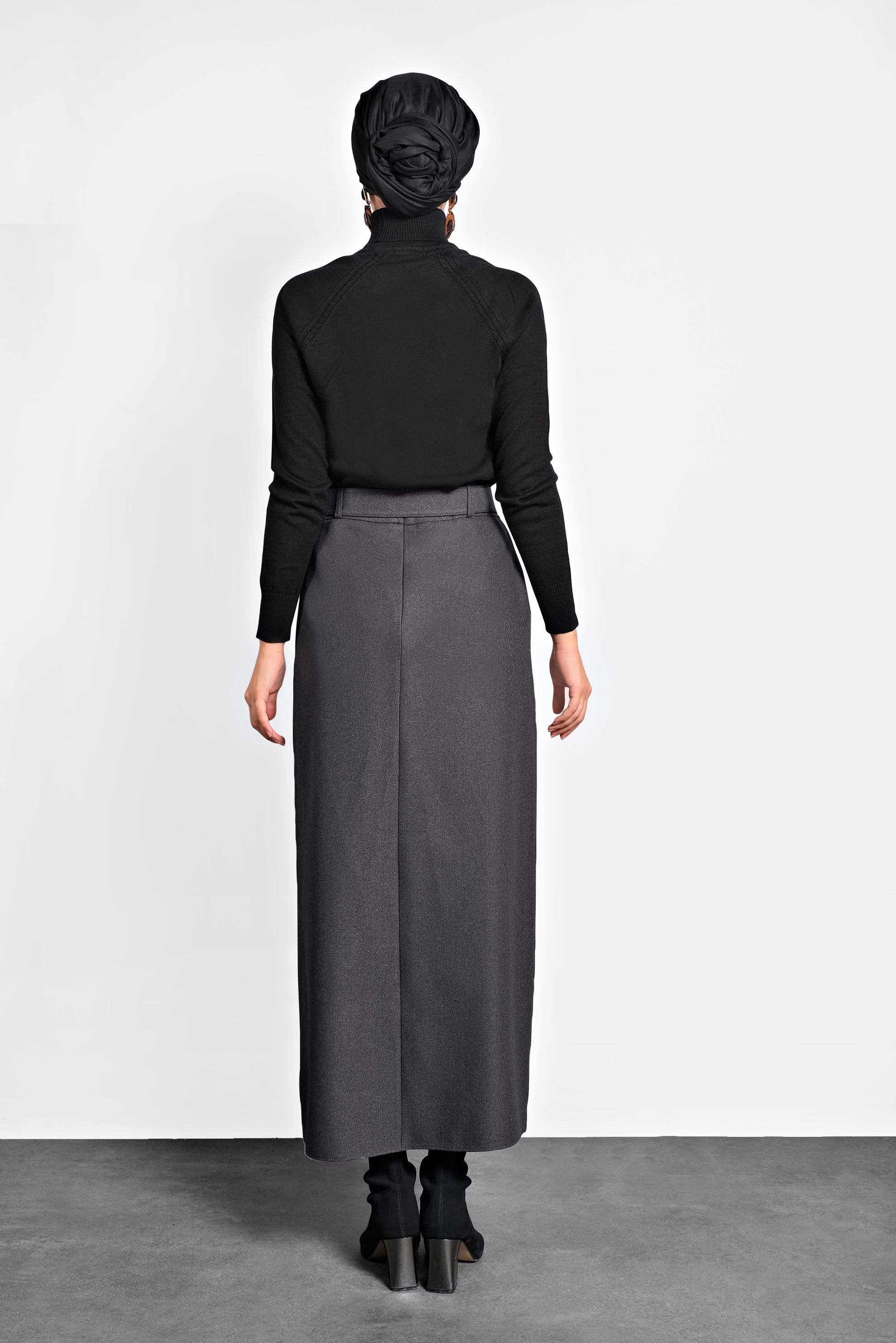 Tesettür giyim GRİ YÜKSEK BEL DÜĞMELİ ETEK 60008