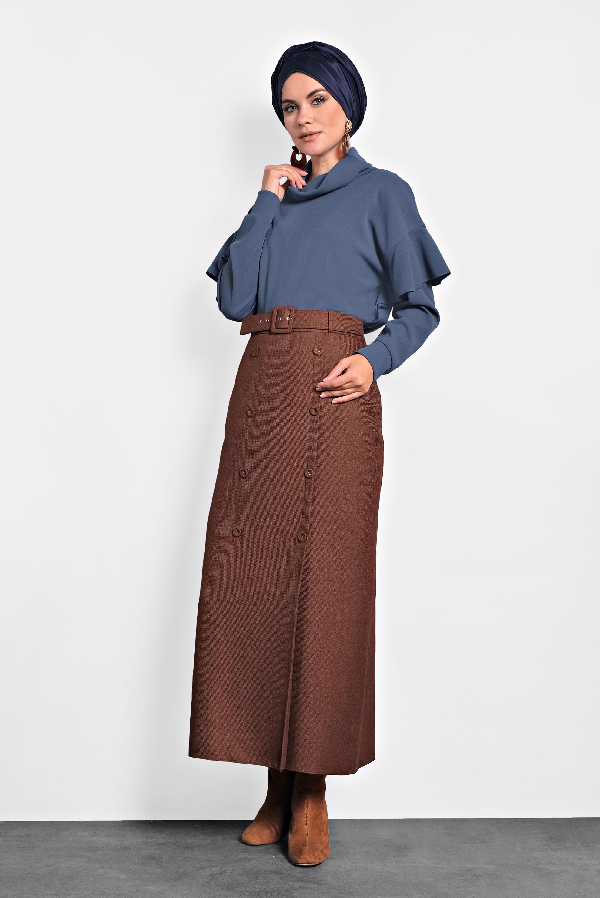 Tesettür giyim KAHVE YÜKSEK BEL DÜĞMELİ ETEK 60008
