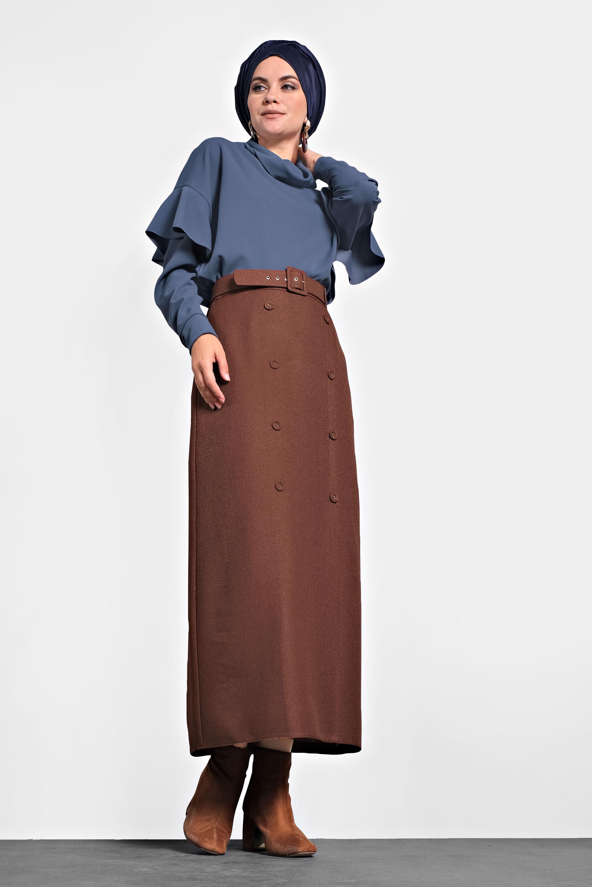 Tesettür giyim KAHVE YÜKSEK BEL DÜĞMELİ ETEK 60008