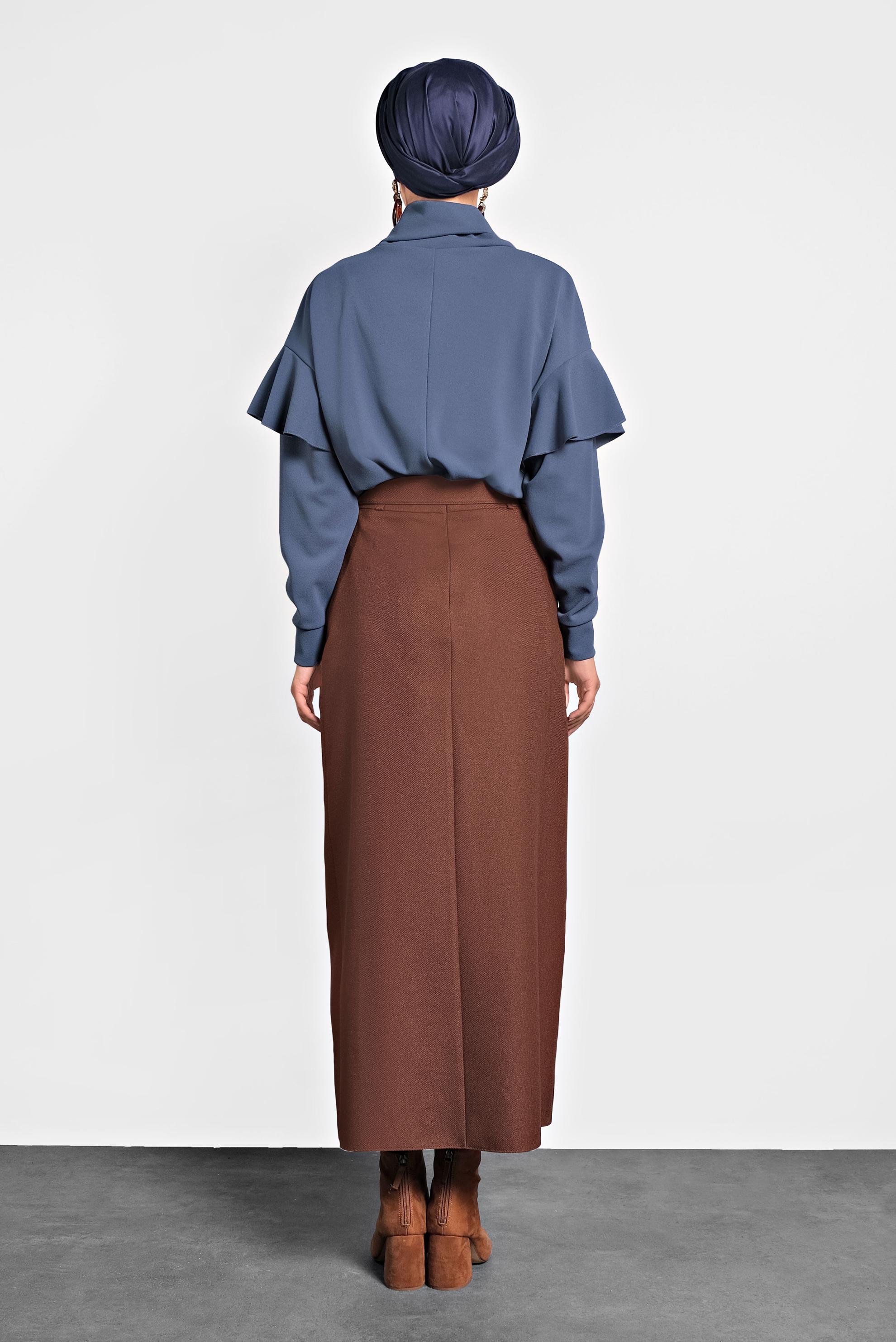 Tesettür giyim KAHVE YÜKSEK BEL DÜĞMELİ ETEK 60008