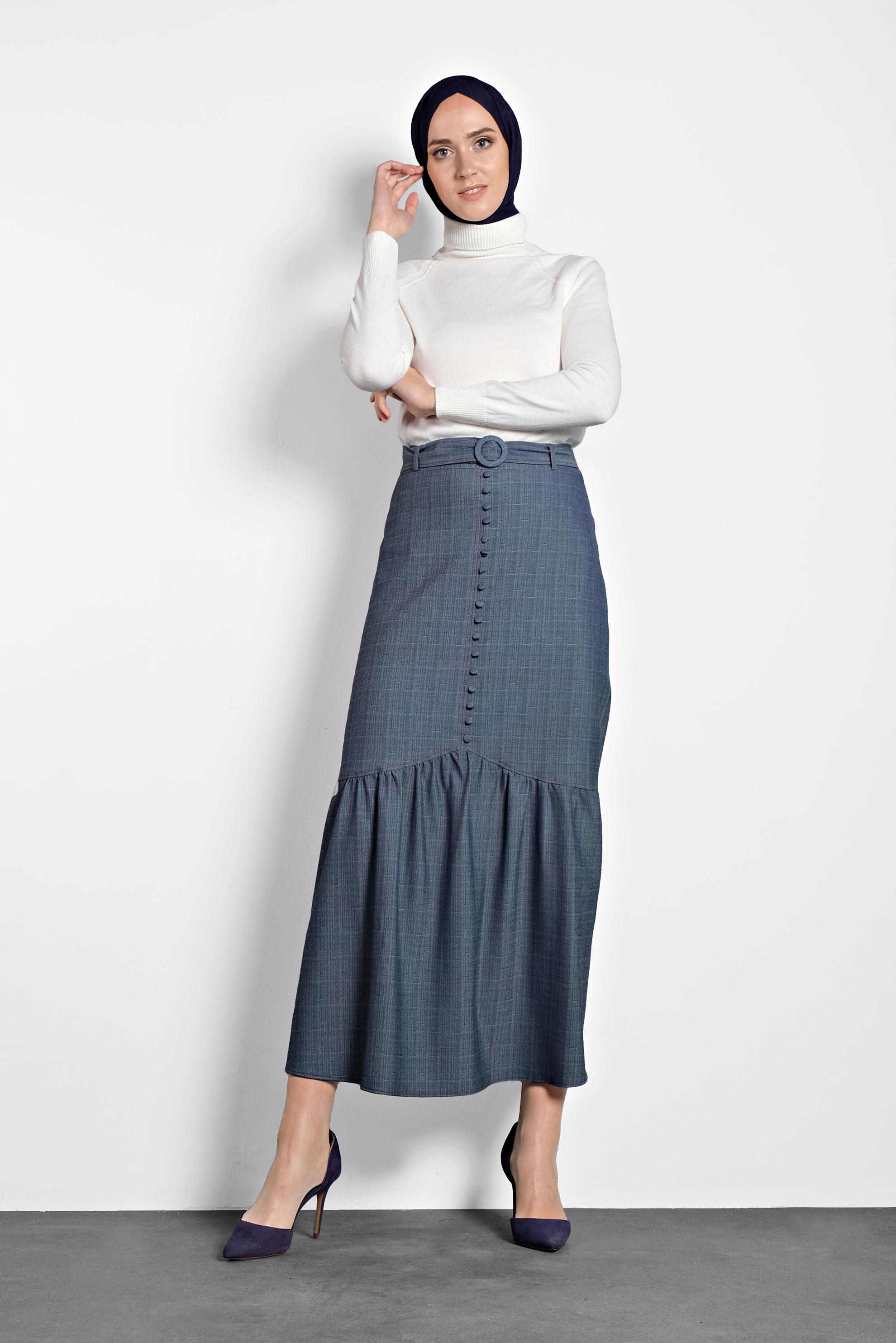 Tesettür giyim LACİVERT VOLANLI DÜĞMELİ KEMERLİ ETEK 60009 