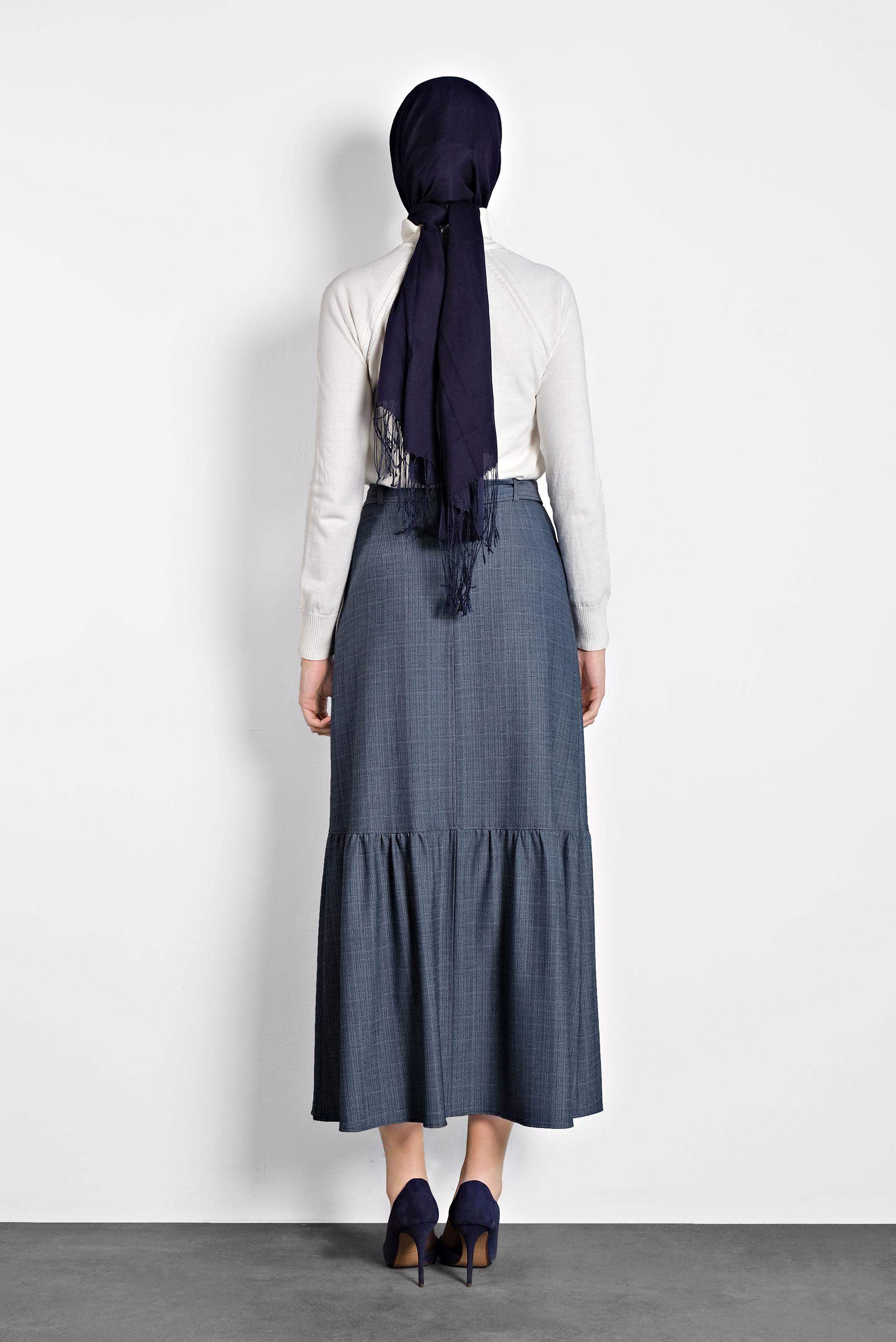 Tesettür giyim LACİVERT VOLANLI DÜĞMELİ KEMERLİ ETEK 60009 