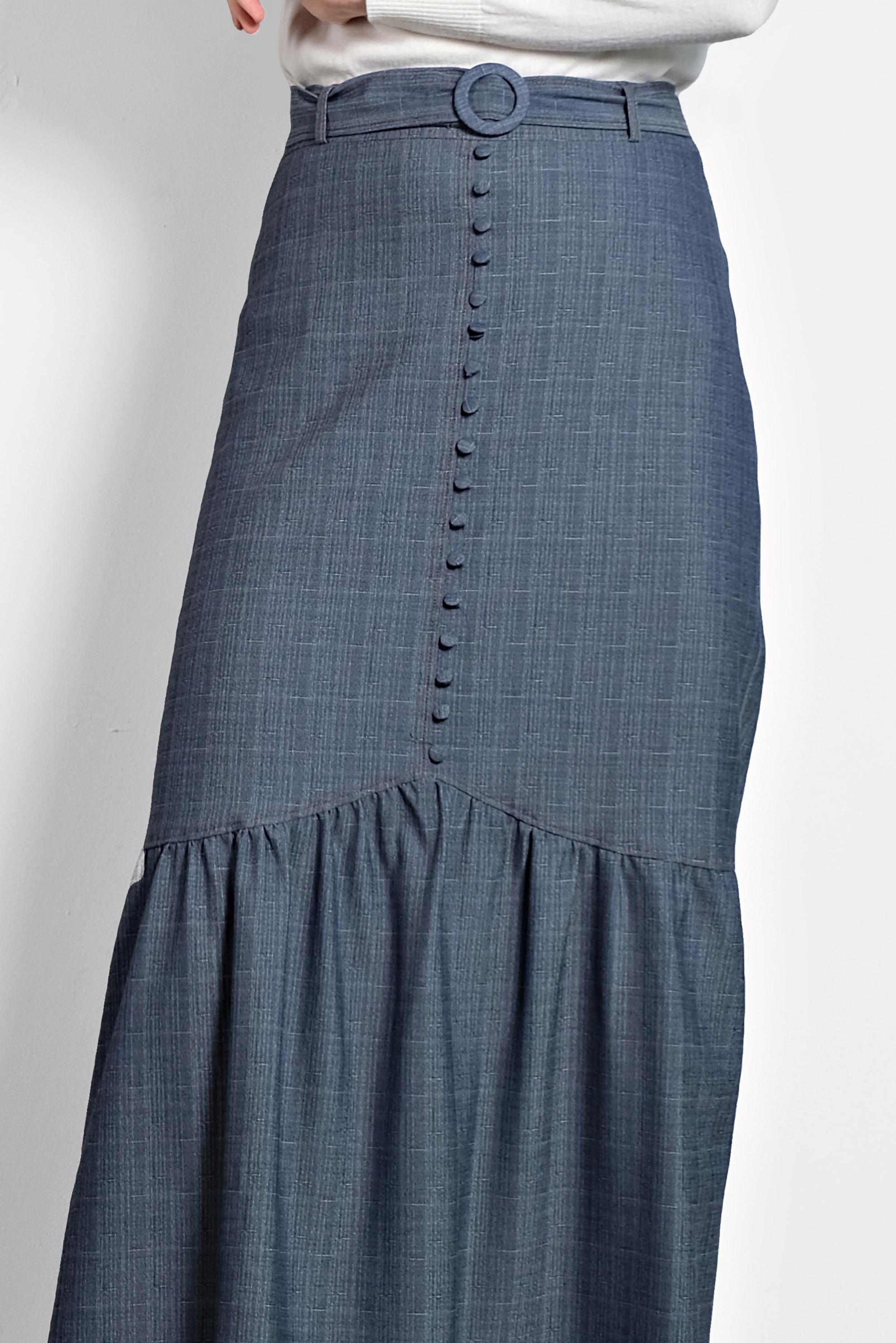 Tesettür giyim LACİVERT VOLANLI DÜĞMELİ KEMERLİ ETEK 60009 