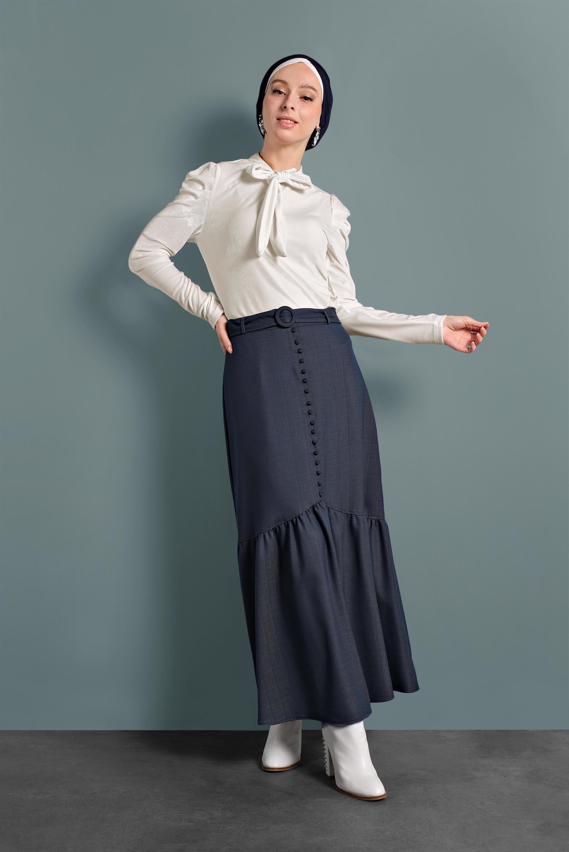 Tesettür giyim MAVİ VOLANLI DÜĞMELİ KEMERLİ ETEK 60009 