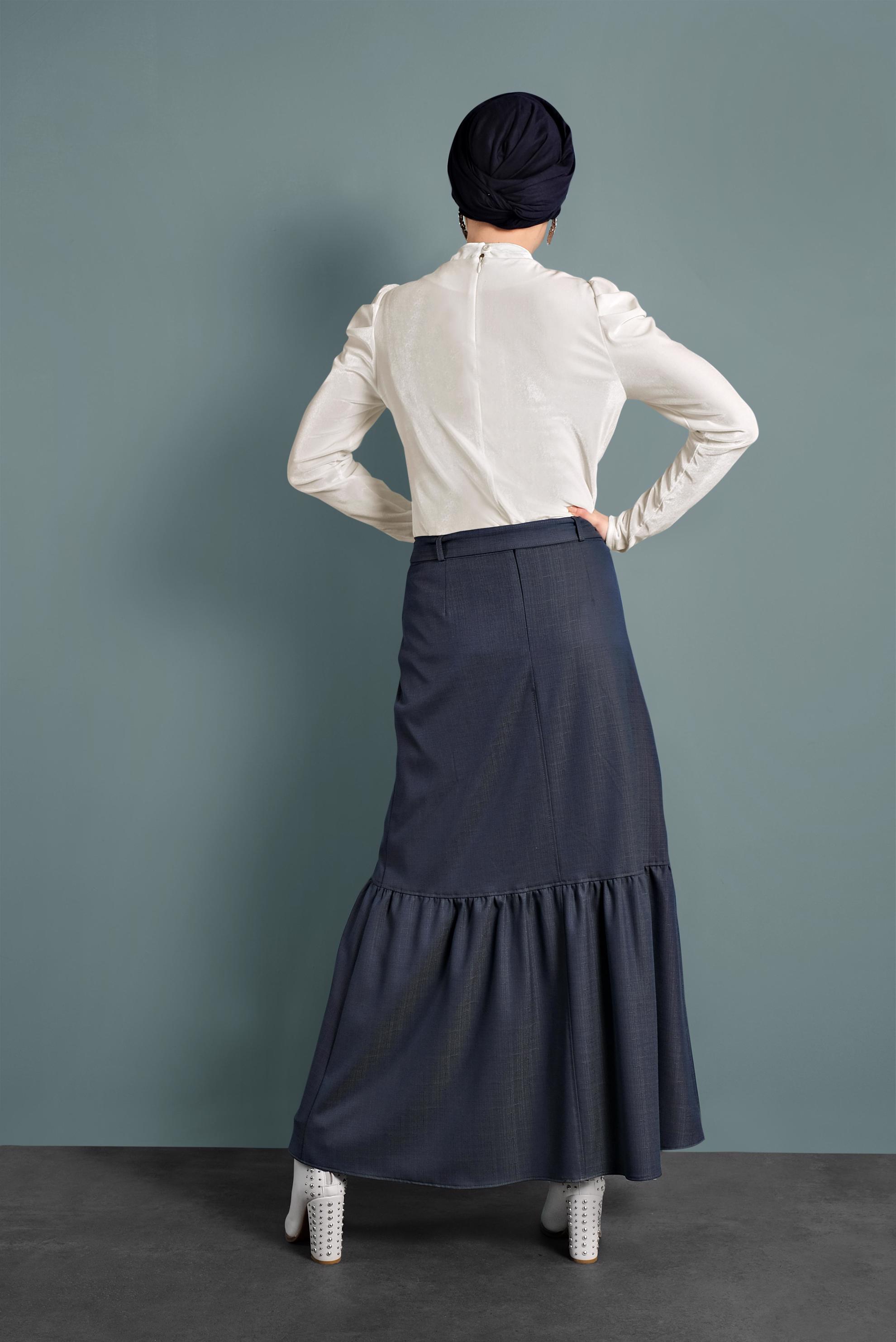 Tesettür giyim MAVİ VOLANLI DÜĞMELİ KEMERLİ ETEK 60009 