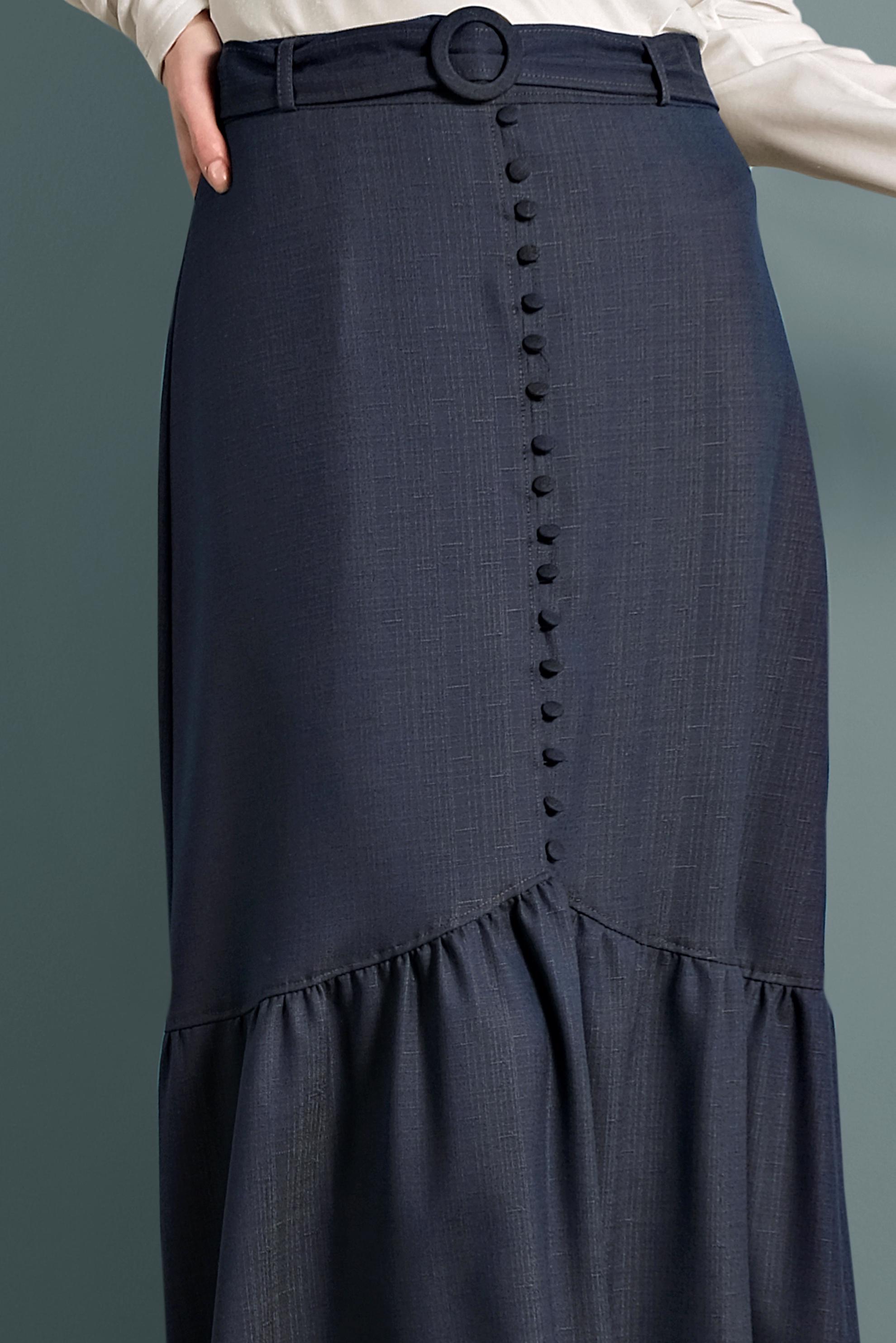 Tesettür giyim MAVİ VOLANLI DÜĞMELİ KEMERLİ ETEK 60009 