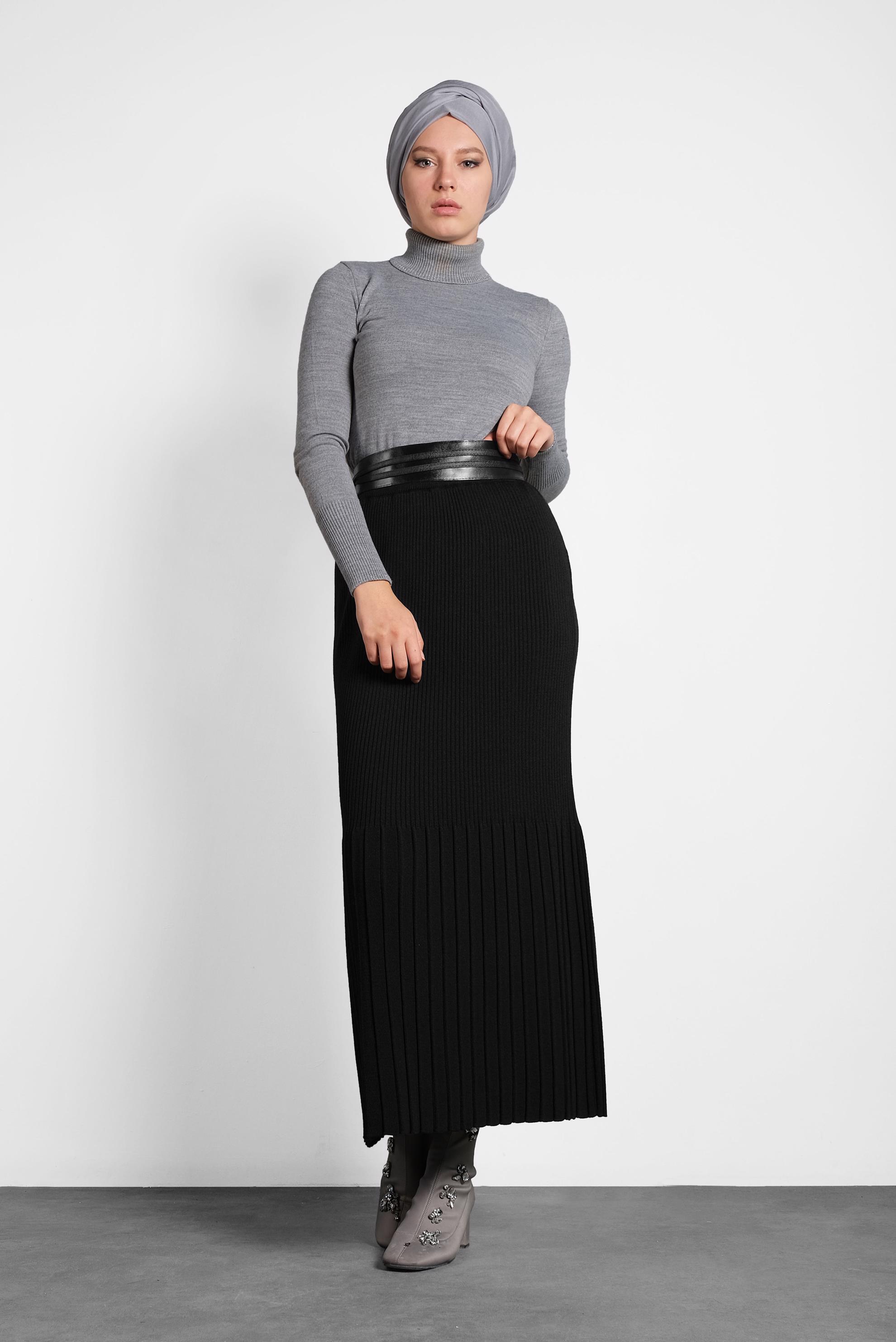 Tesettür giyim SİYAH BELİ LASTİKLİ FİTİLLİ TRİKO ETEK 60010 
