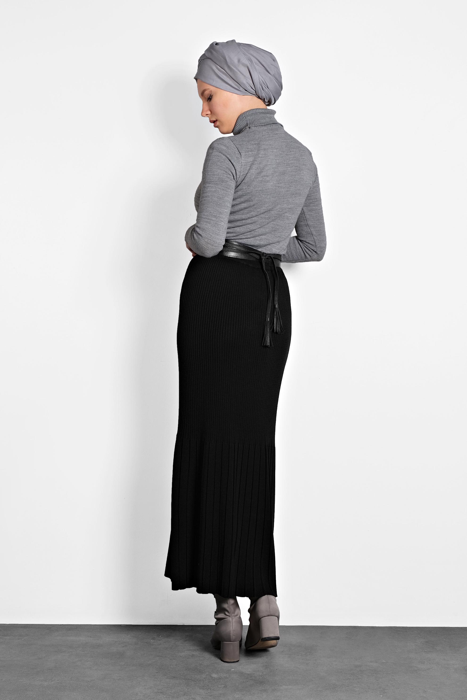 Tesettür giyim SİYAH BELİ LASTİKLİ FİTİLLİ TRİKO ETEK 60010 