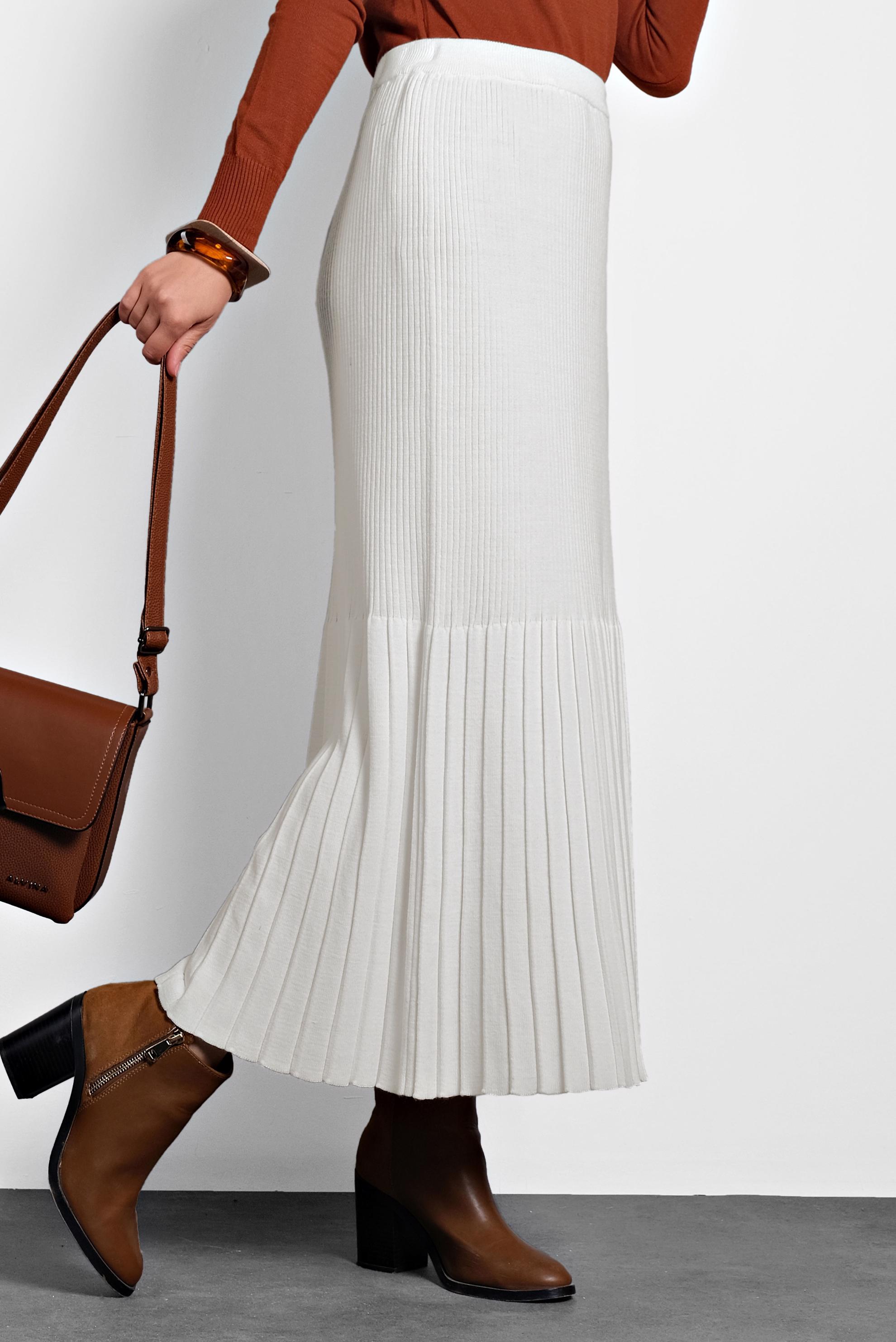 Tesettür giyim BEYAZ BELİ LASTİKLİ FİTİLLİ TRİKO ETEK 60010 