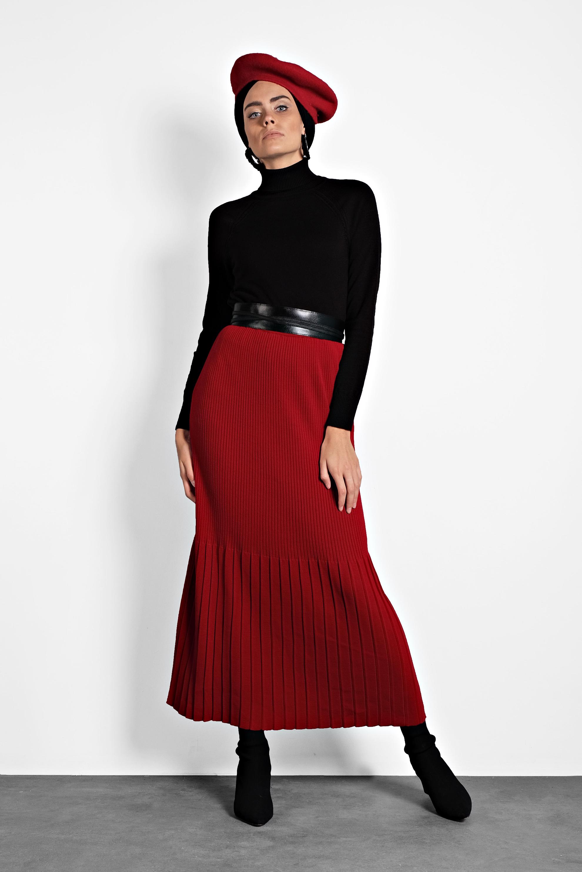 Tesettür giyim KIRMIZI BELİ LASTİKLİ FİTİLLİ TRİKO ETEK 60010 