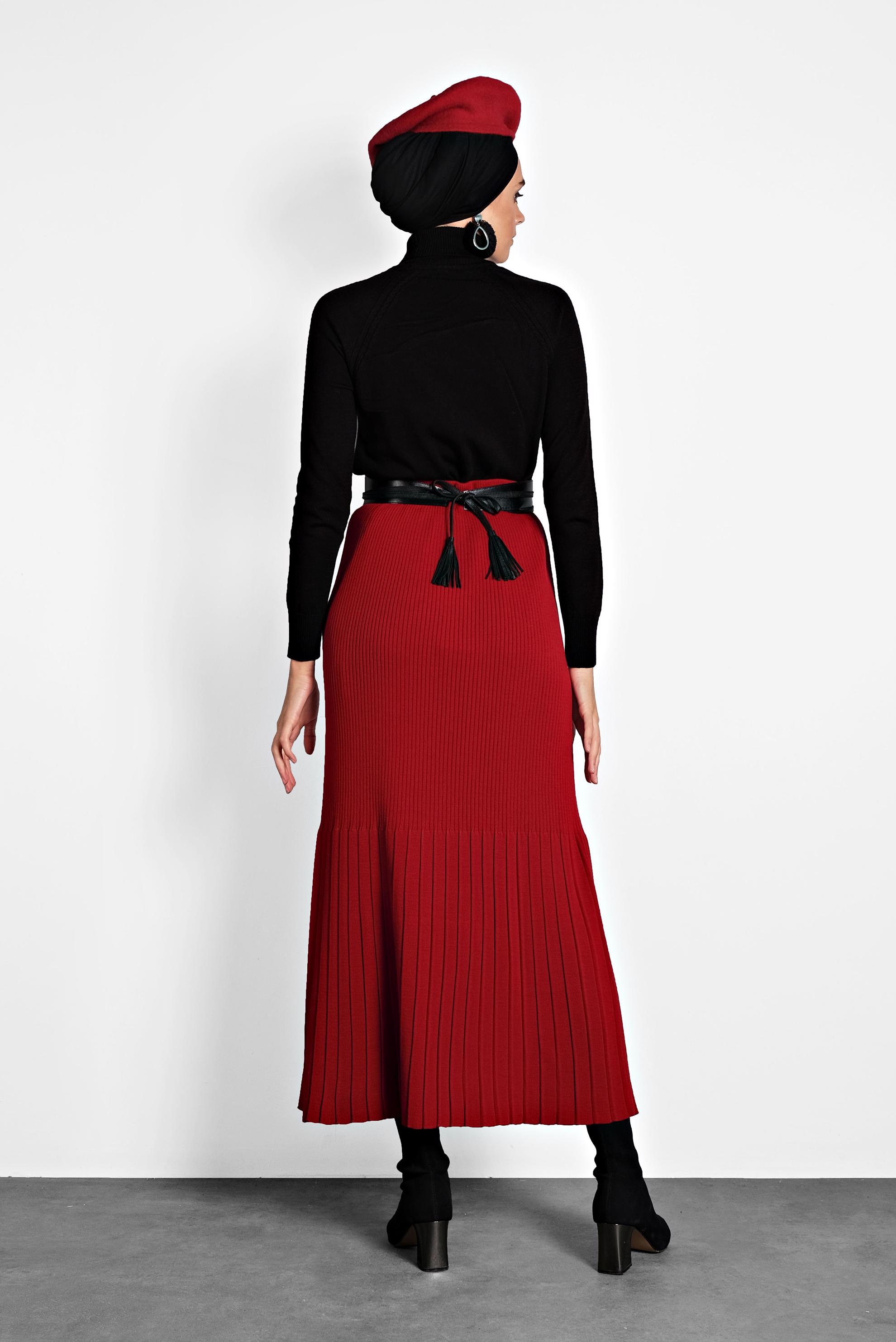 Tesettür giyim KIRMIZI BELİ LASTİKLİ FİTİLLİ TRİKO ETEK 60010 