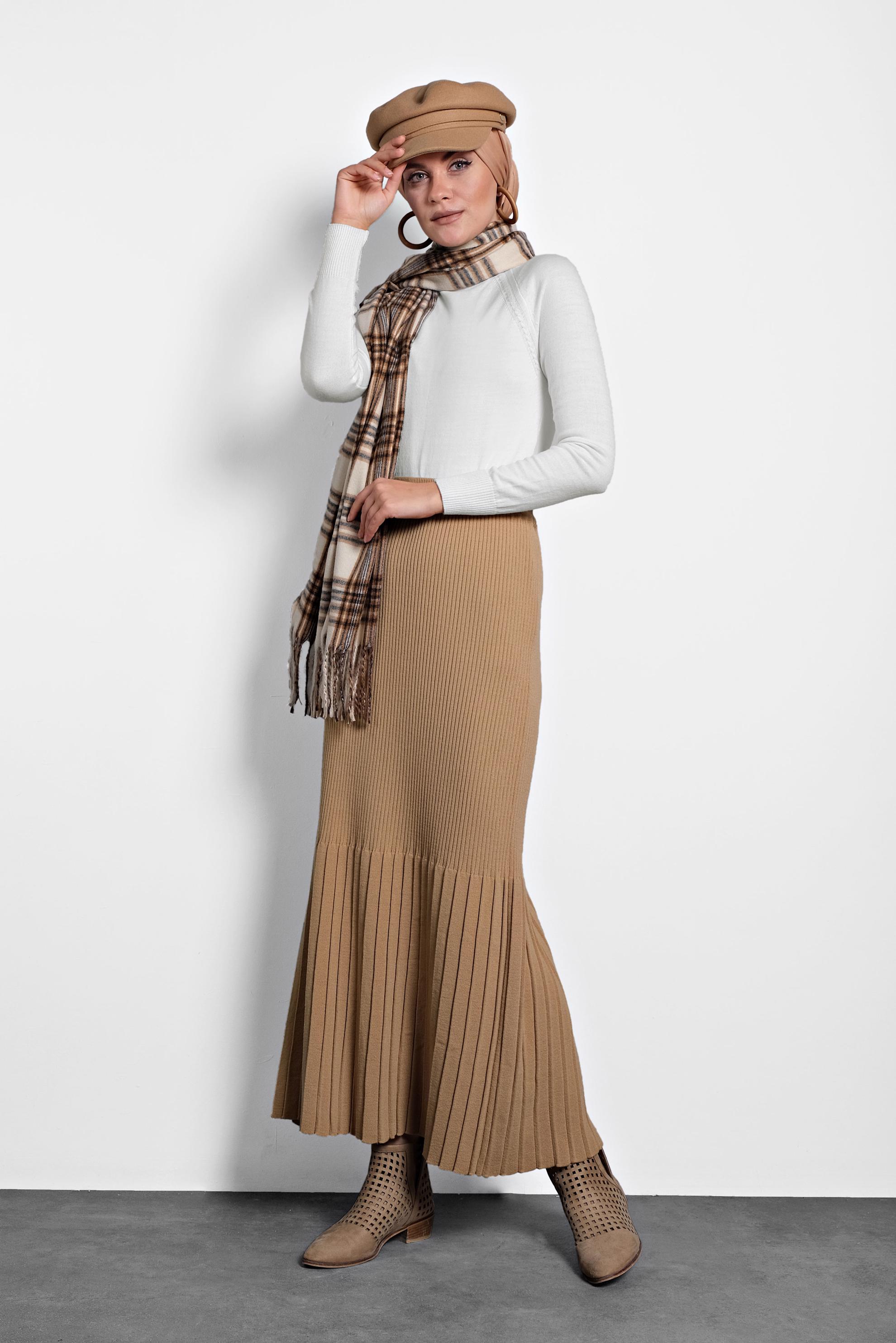 Tesettür giyim KAHVE BELİ LASTİKLİ FİTİLLİ TRİKO ETEK 60010 