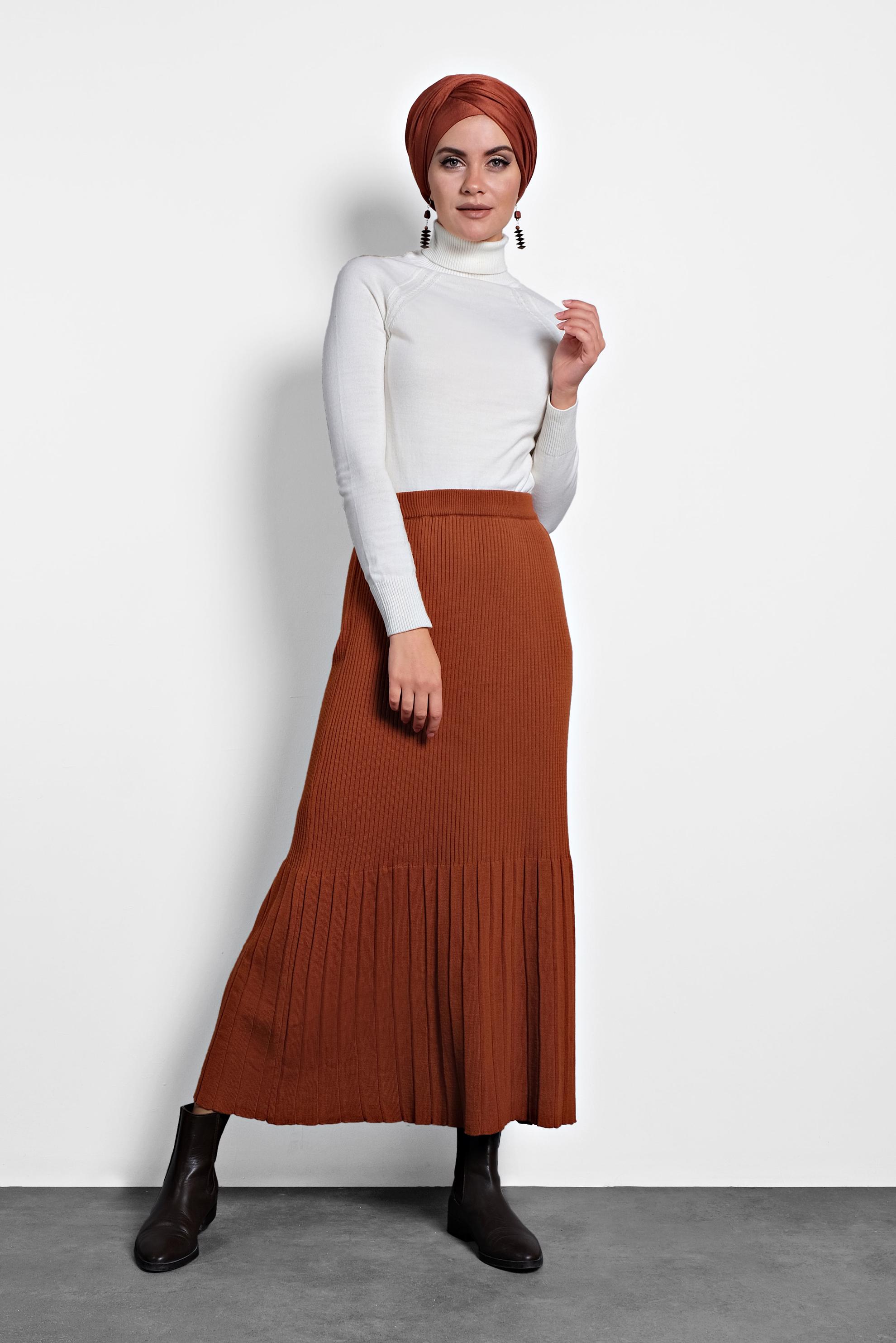 Tesettür giyim TURUNCU BELİ LASTİKLİ FİTİLLİ TRİKO ETEK 60010 