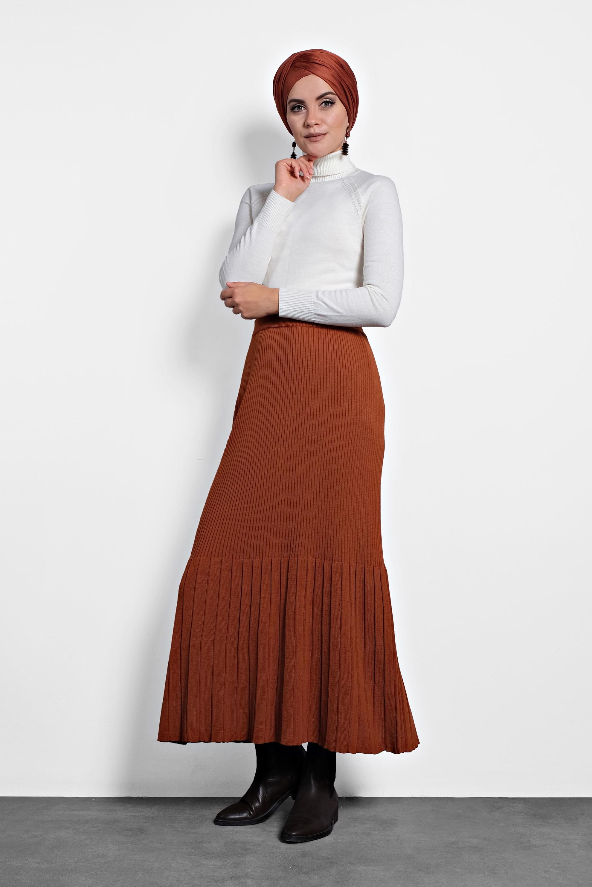 Tesettür giyim TURUNCU BELİ LASTİKLİ FİTİLLİ TRİKO ETEK 60010 