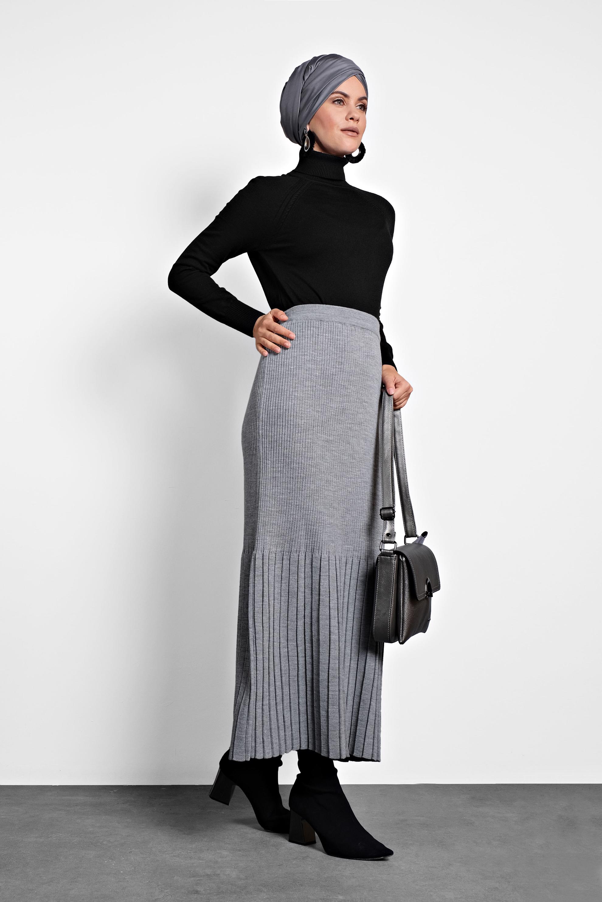 Tesettür giyim GRİ BELİ LASTİKLİ FİTİLLİ TRİKO ETEK 60010 