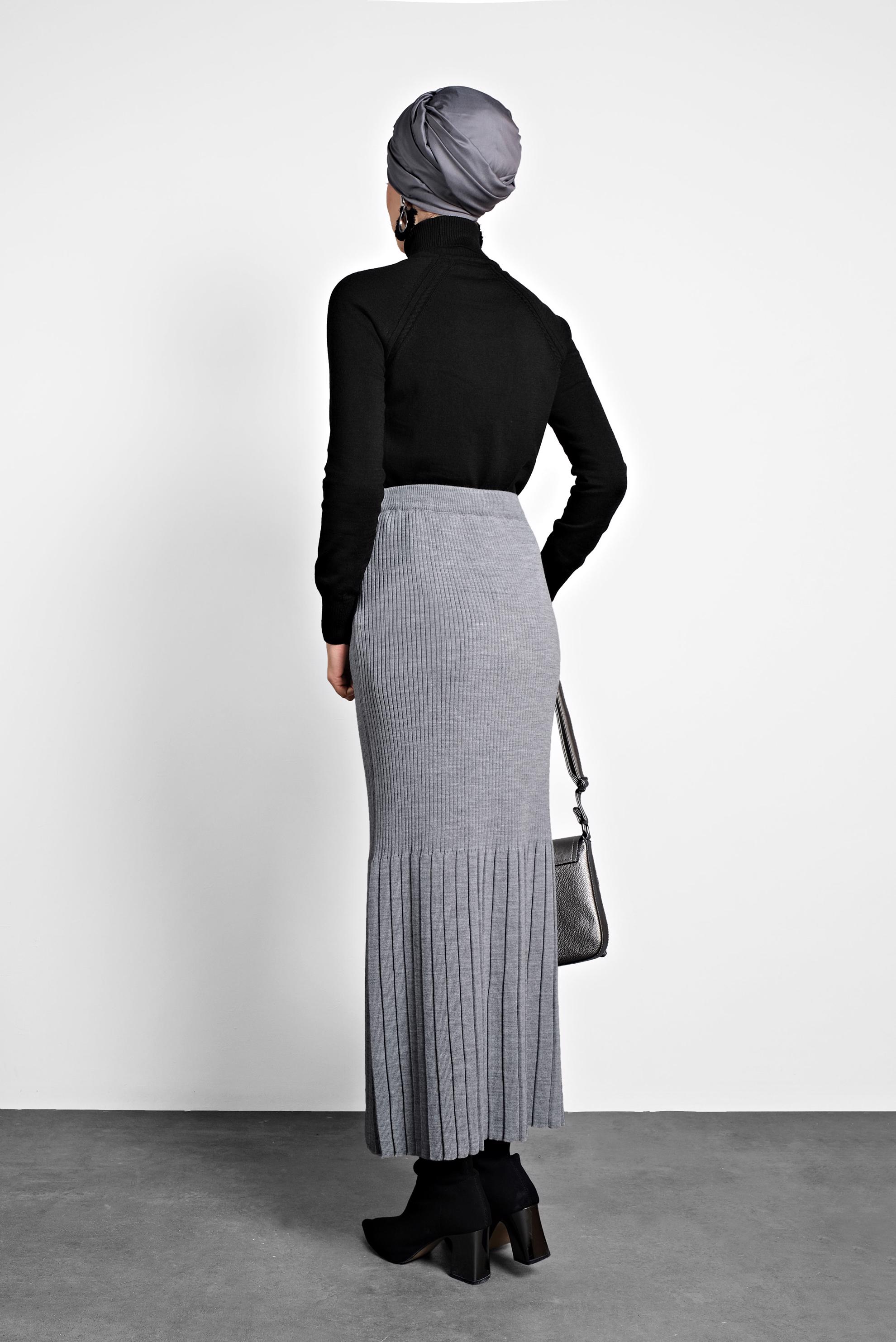 Tesettür giyim GRİ BELİ LASTİKLİ FİTİLLİ TRİKO ETEK 60010 