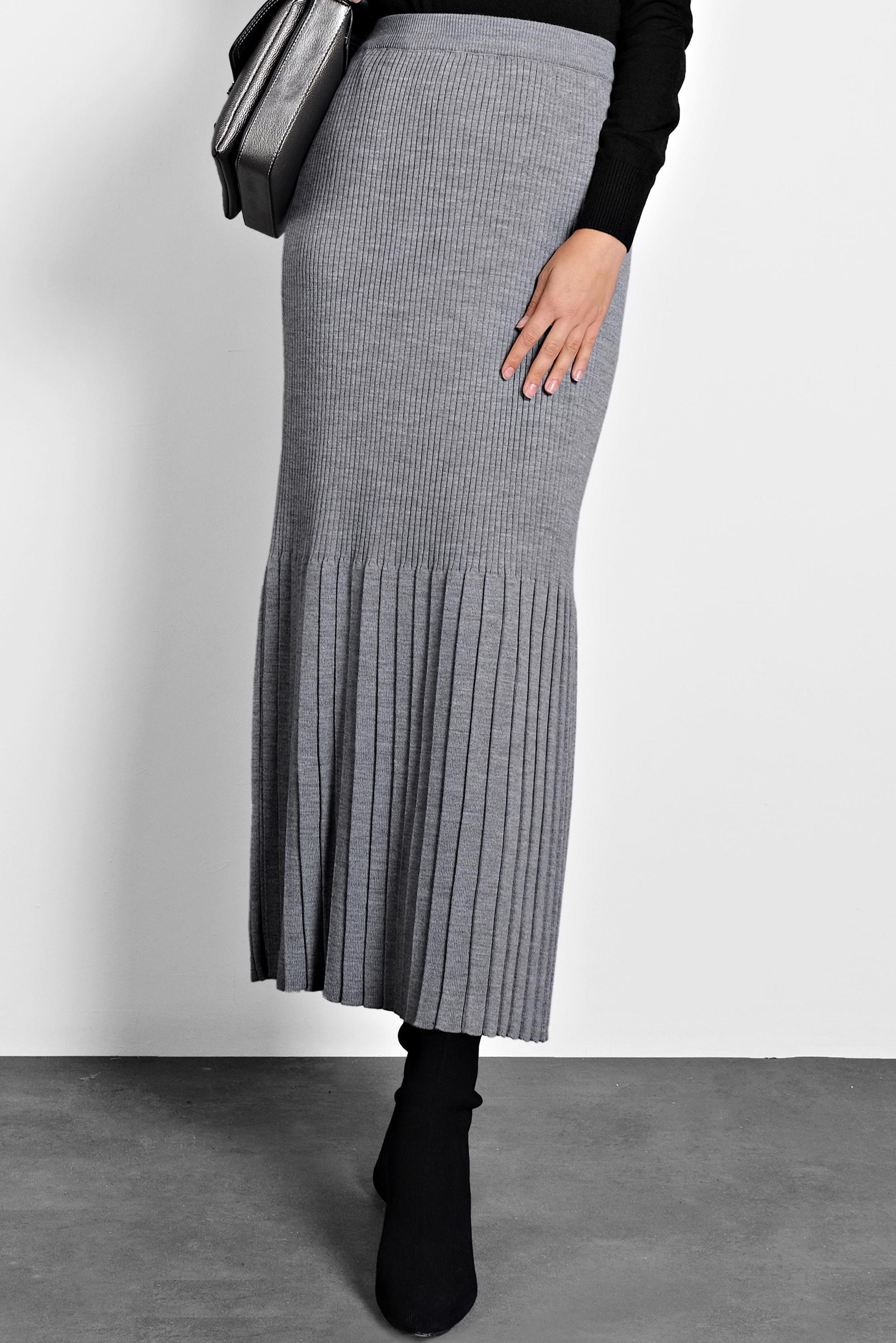 Tesettür giyim GRİ BELİ LASTİKLİ FİTİLLİ TRİKO ETEK 60010 