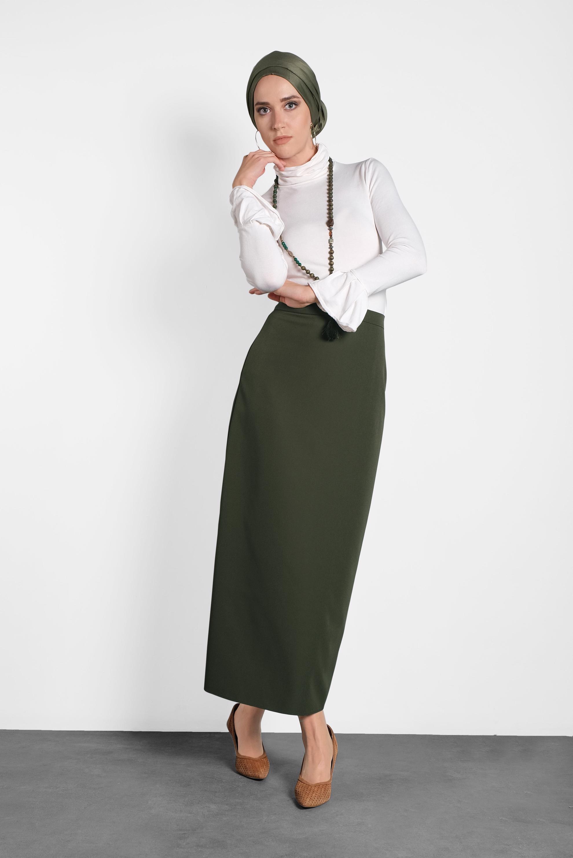 Tesettür giyim HAKİ A KESİM ETEK 60013 