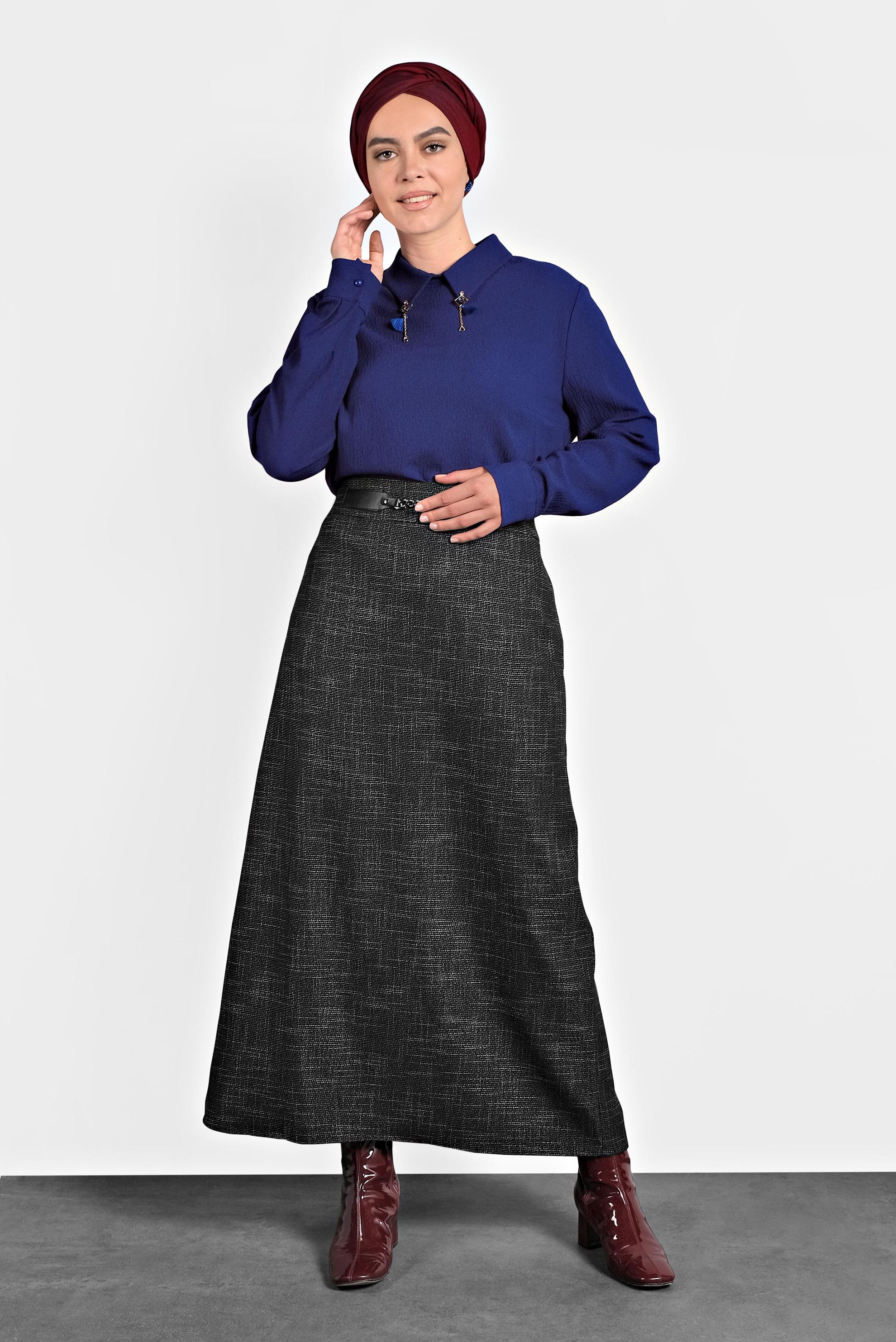 Tesettür giyim SİYAH KEMERLİ ETEK 60014