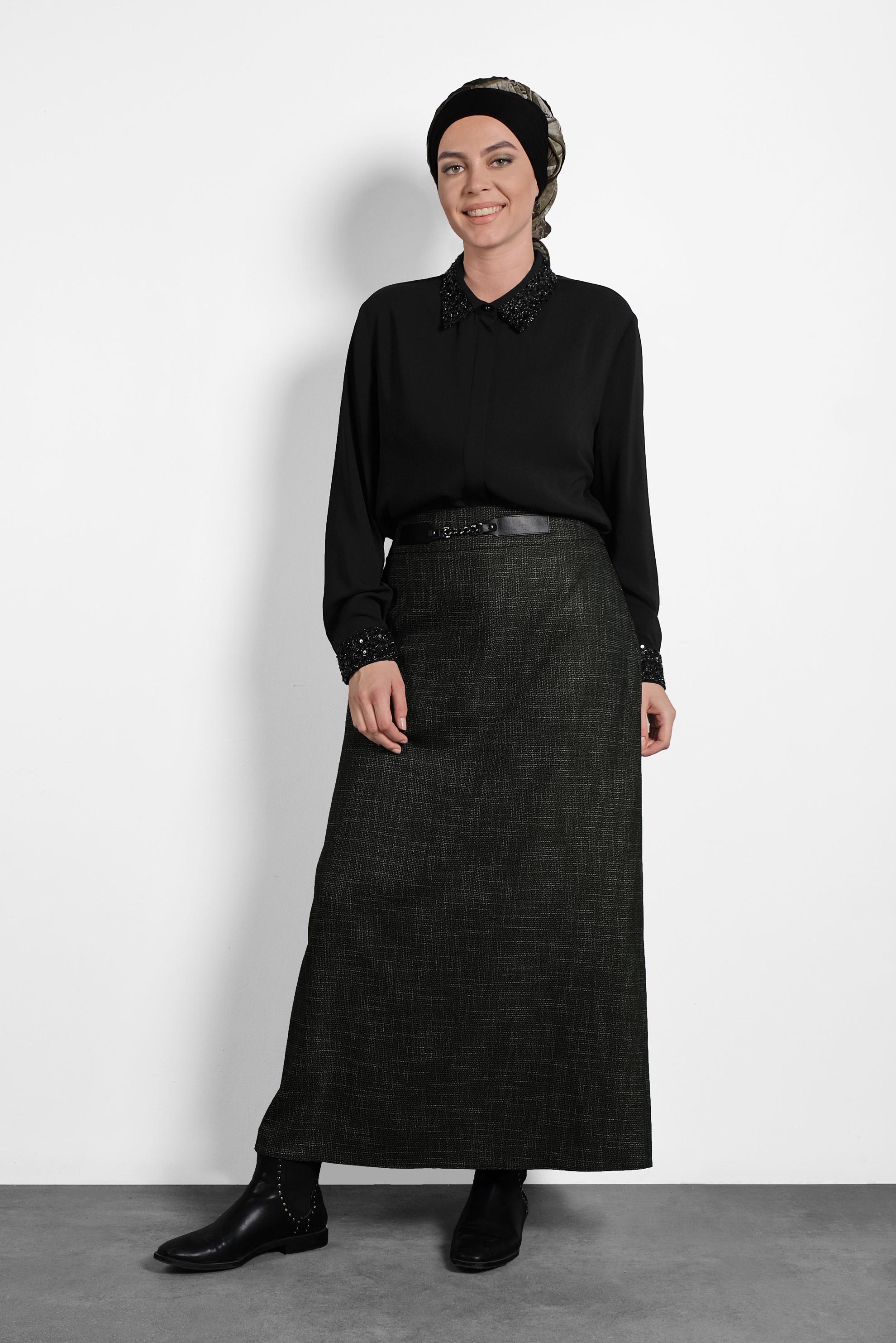 Tesettür giyim HAKİ KEMERLİ ETEK 60014