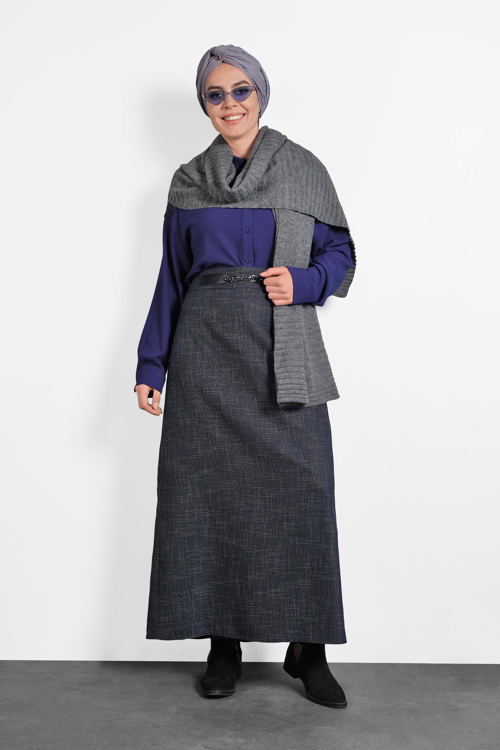 Tesettür giyim LACİVERT KEMERLİ ETEK 60014