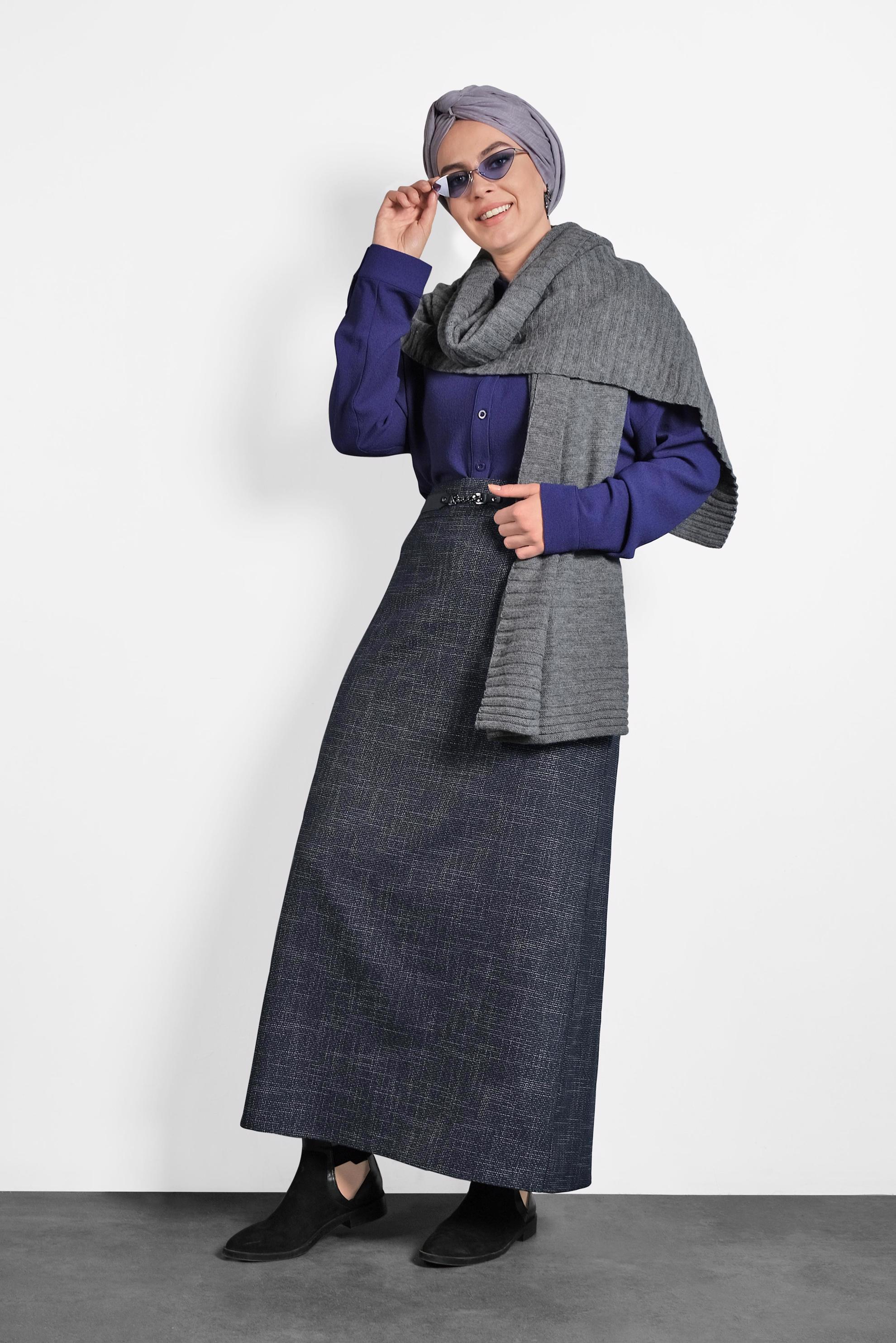 Tesettür giyim LACİVERT KEMERLİ ETEK 60014