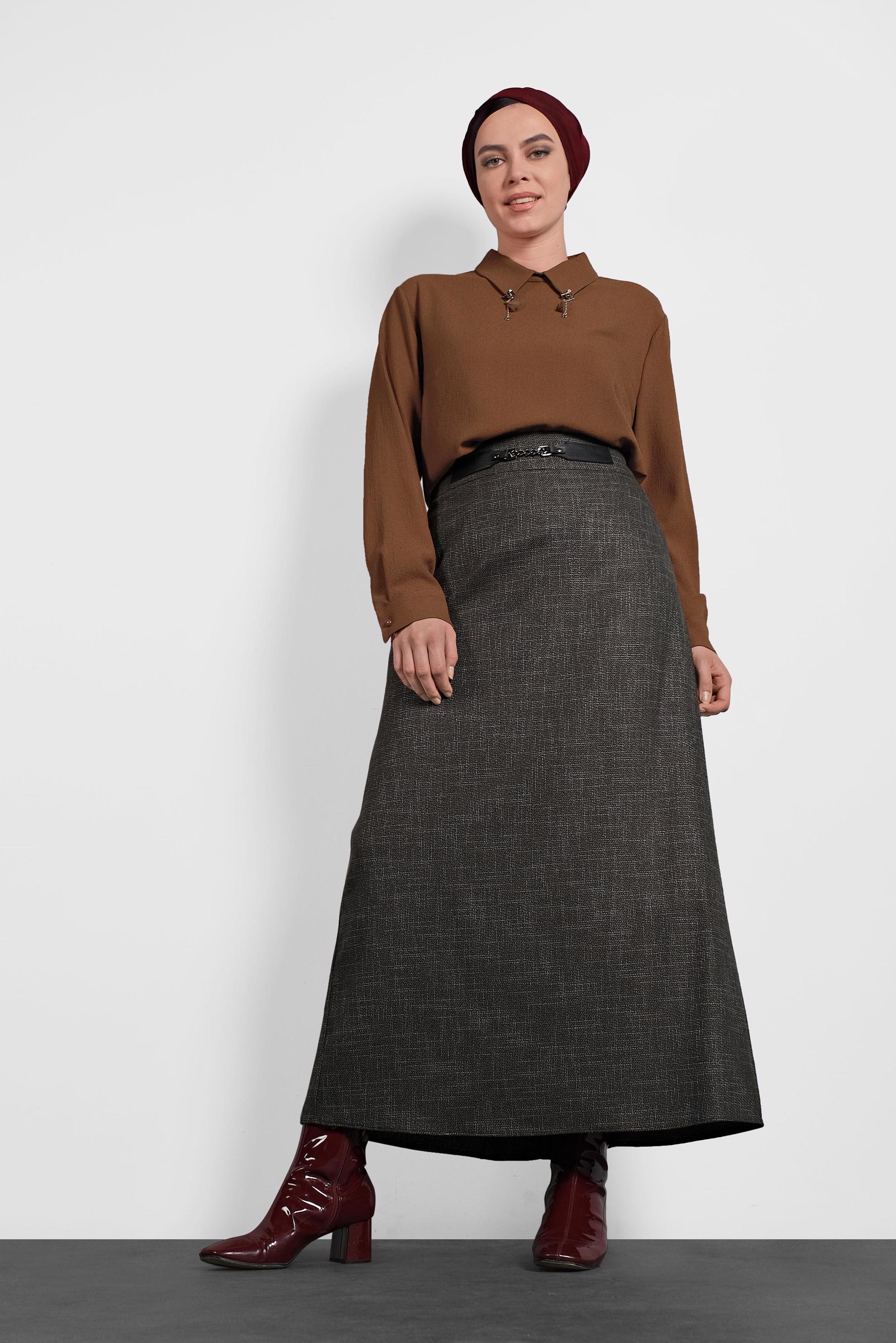 Tesettür giyim VİZON KEMERLİ ETEK 60014