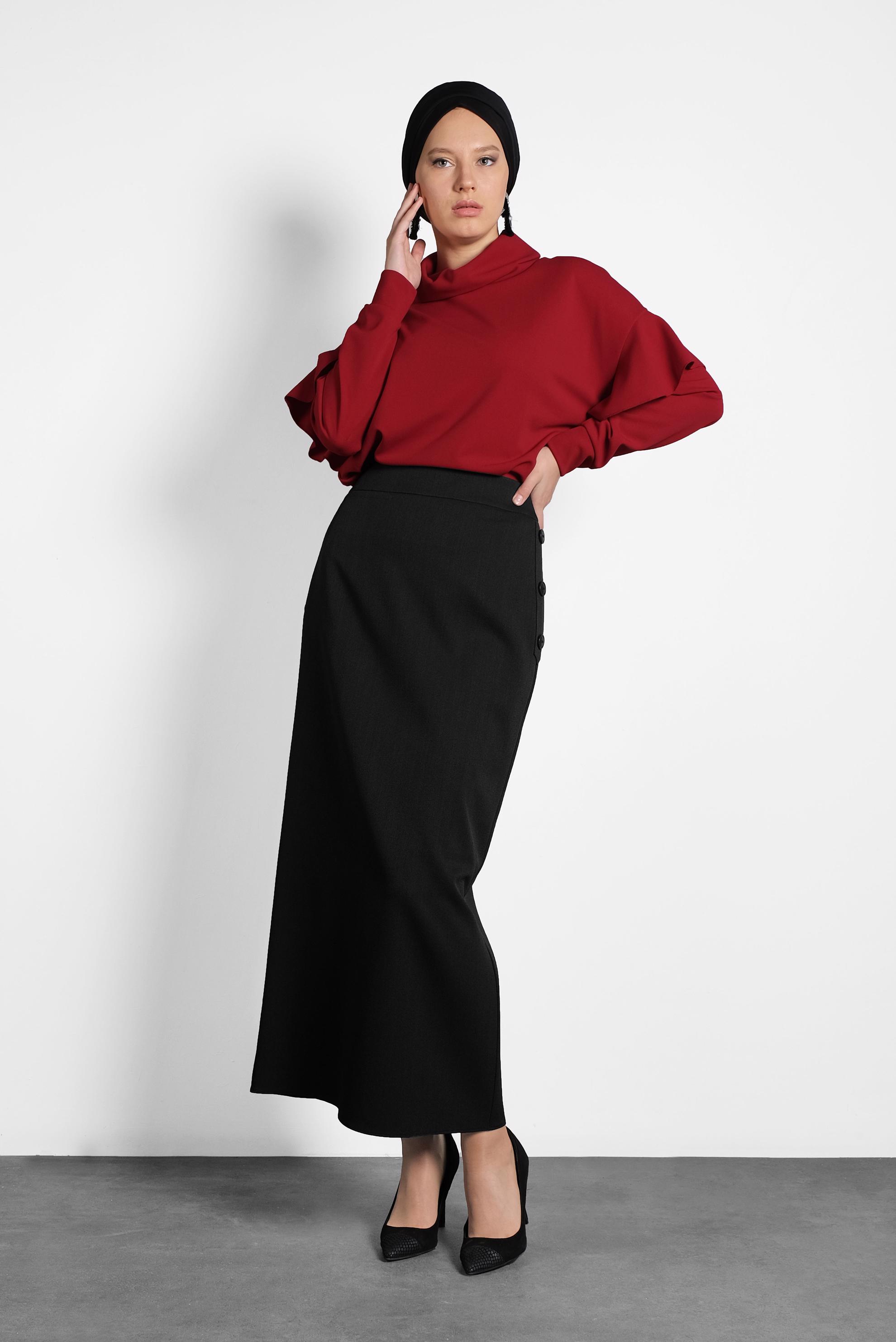 Tesettür giyim SİYAH YANDAN DÜĞMELİ ETEK 60016 