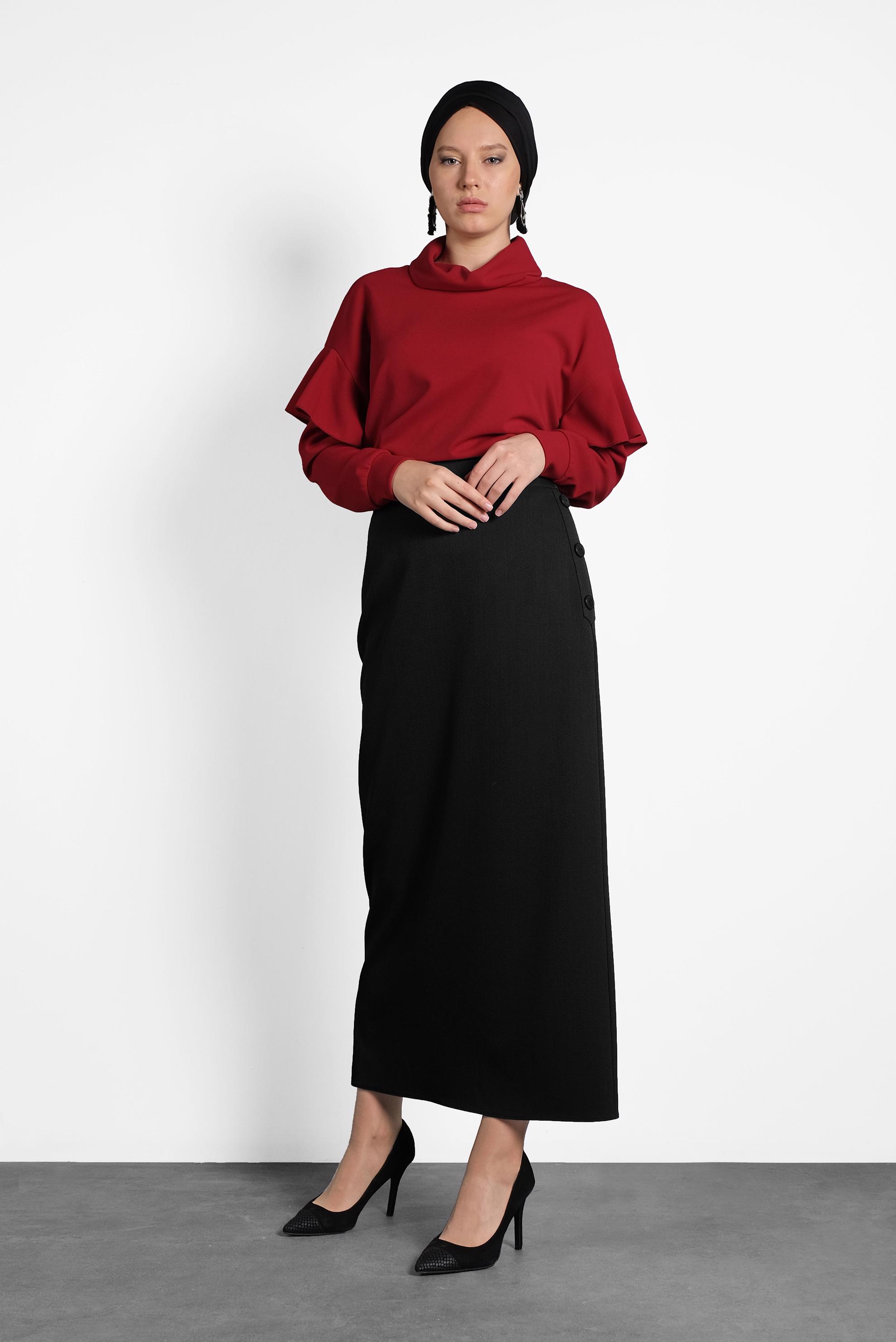 Tesettür giyim SİYAH YANDAN DÜĞMELİ ETEK 60016 