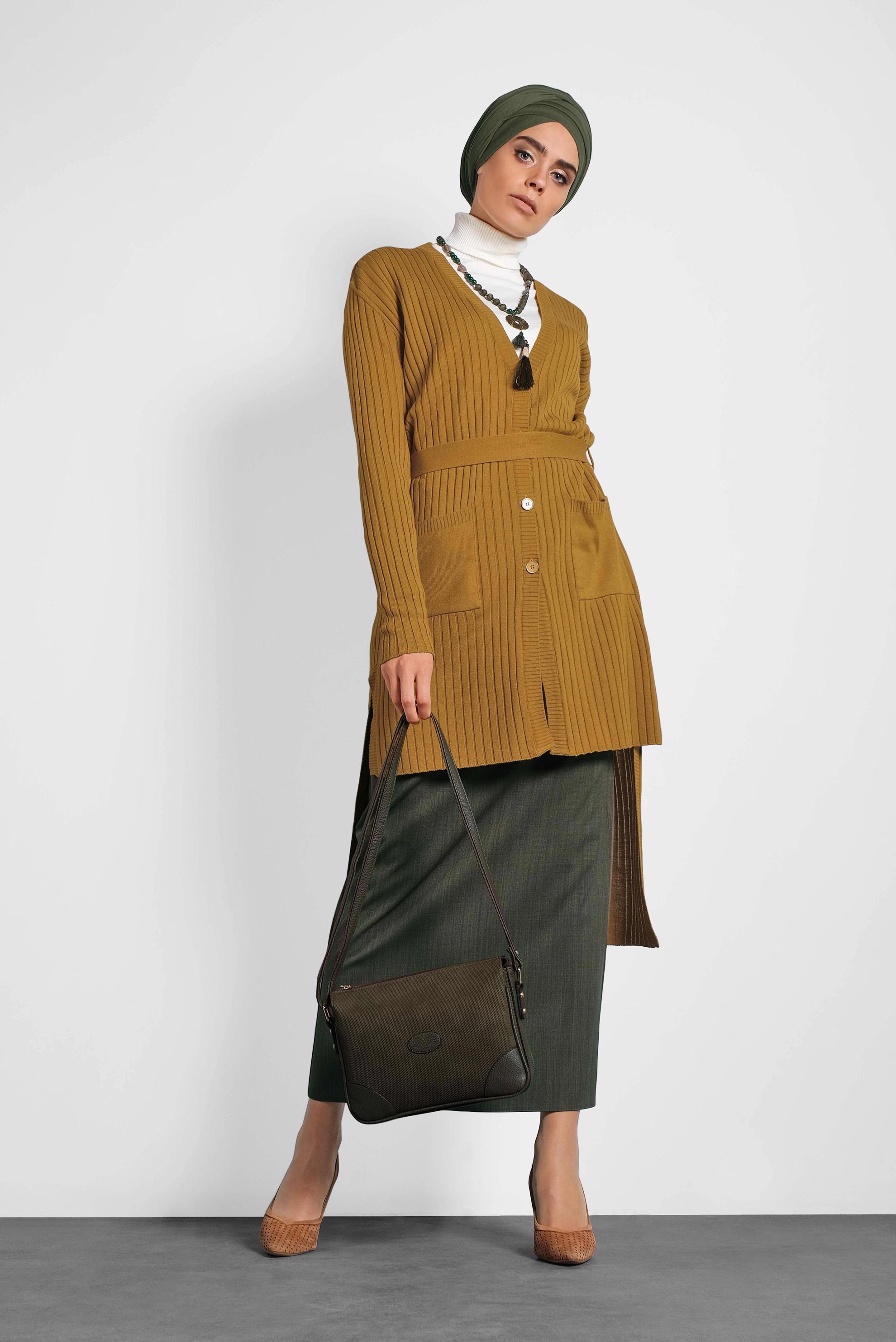 Tesettür giyim HAKİ YANDAN DÜĞMELİ ETEK 60016 