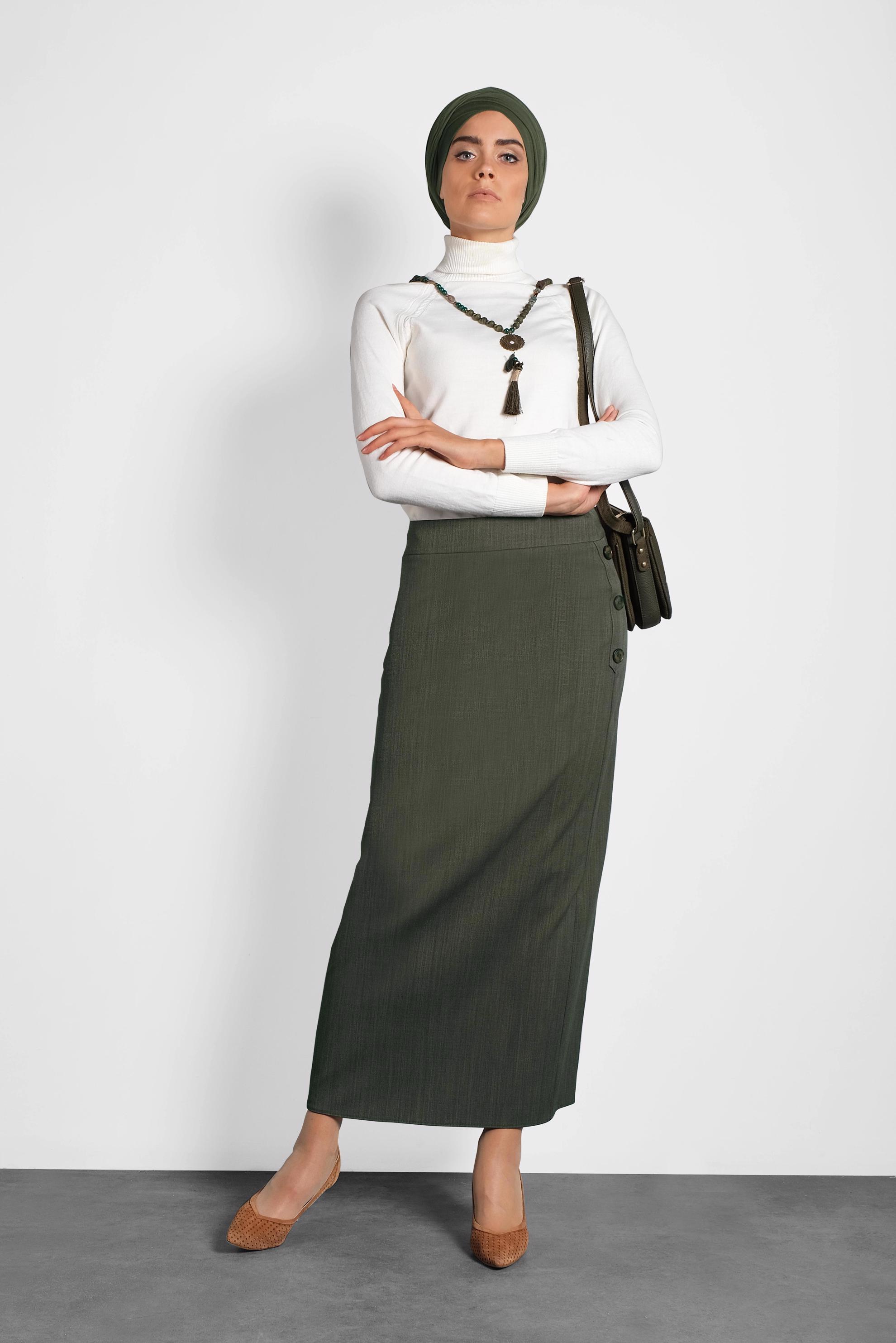 Tesettür giyim HAKİ YANDAN DÜĞMELİ ETEK 60016 