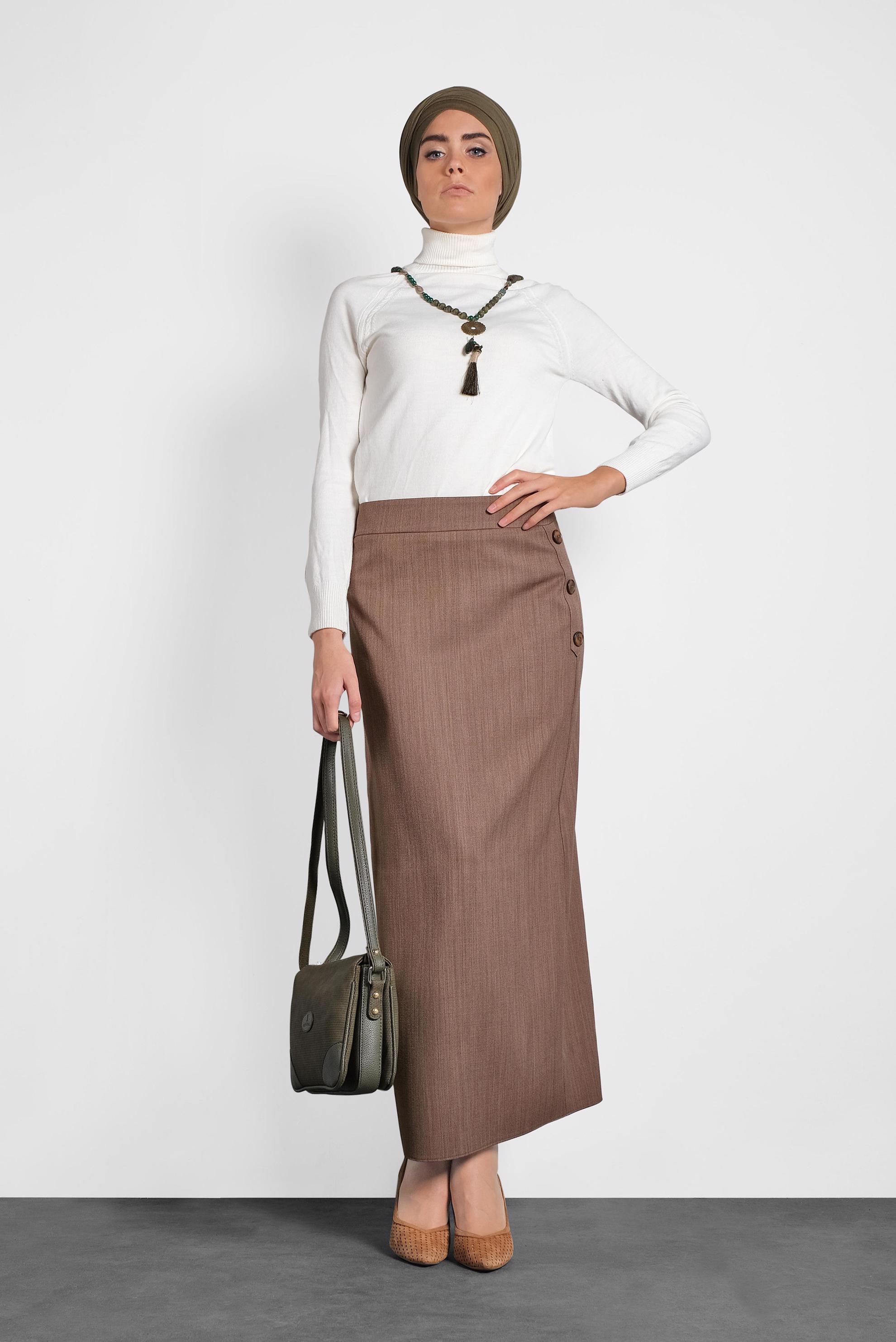 Tesettür giyim KAHVE YANDAN DÜĞMELİ ETEK 60016 