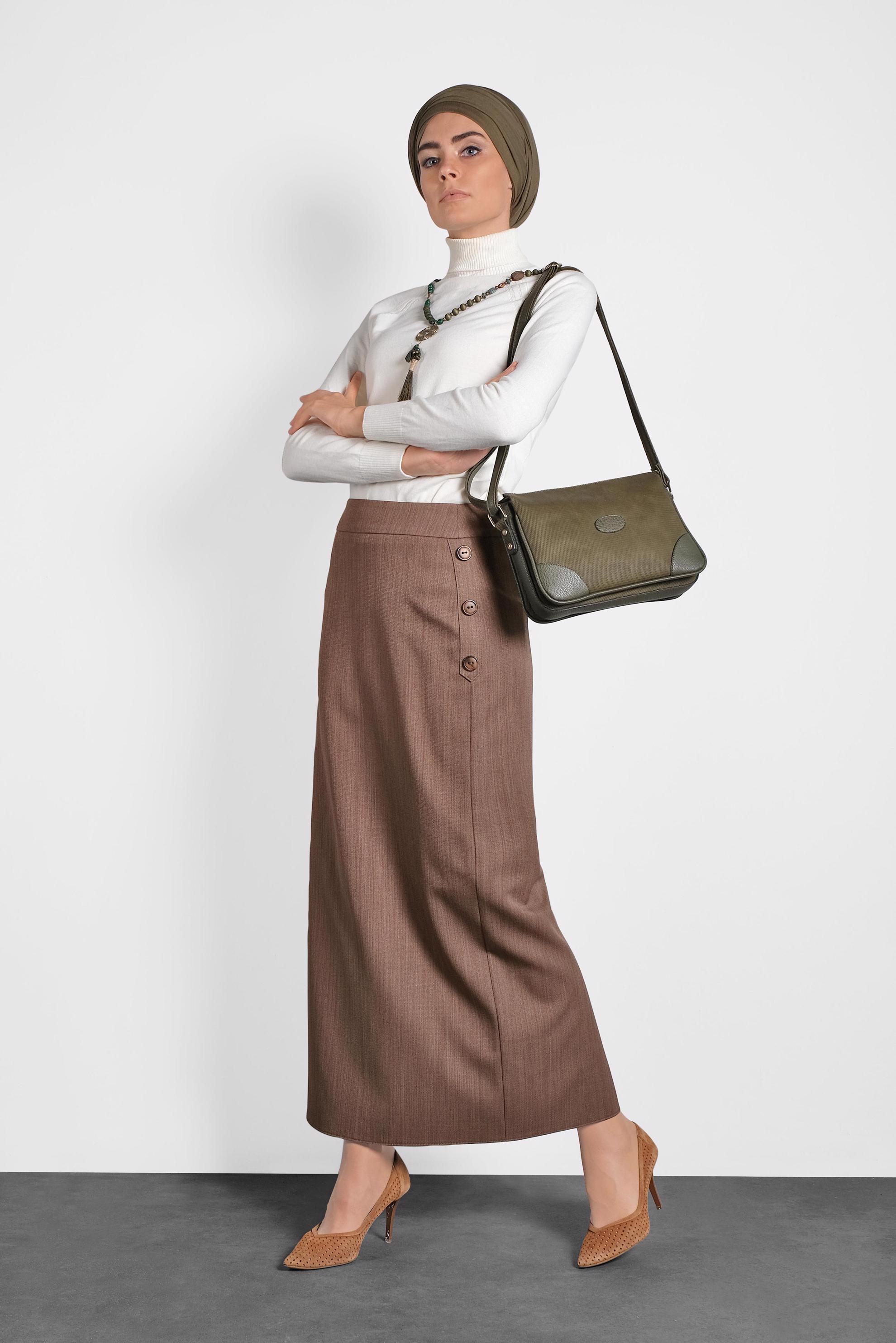 Tesettür giyim KAHVE YANDAN DÜĞMELİ ETEK 60016 