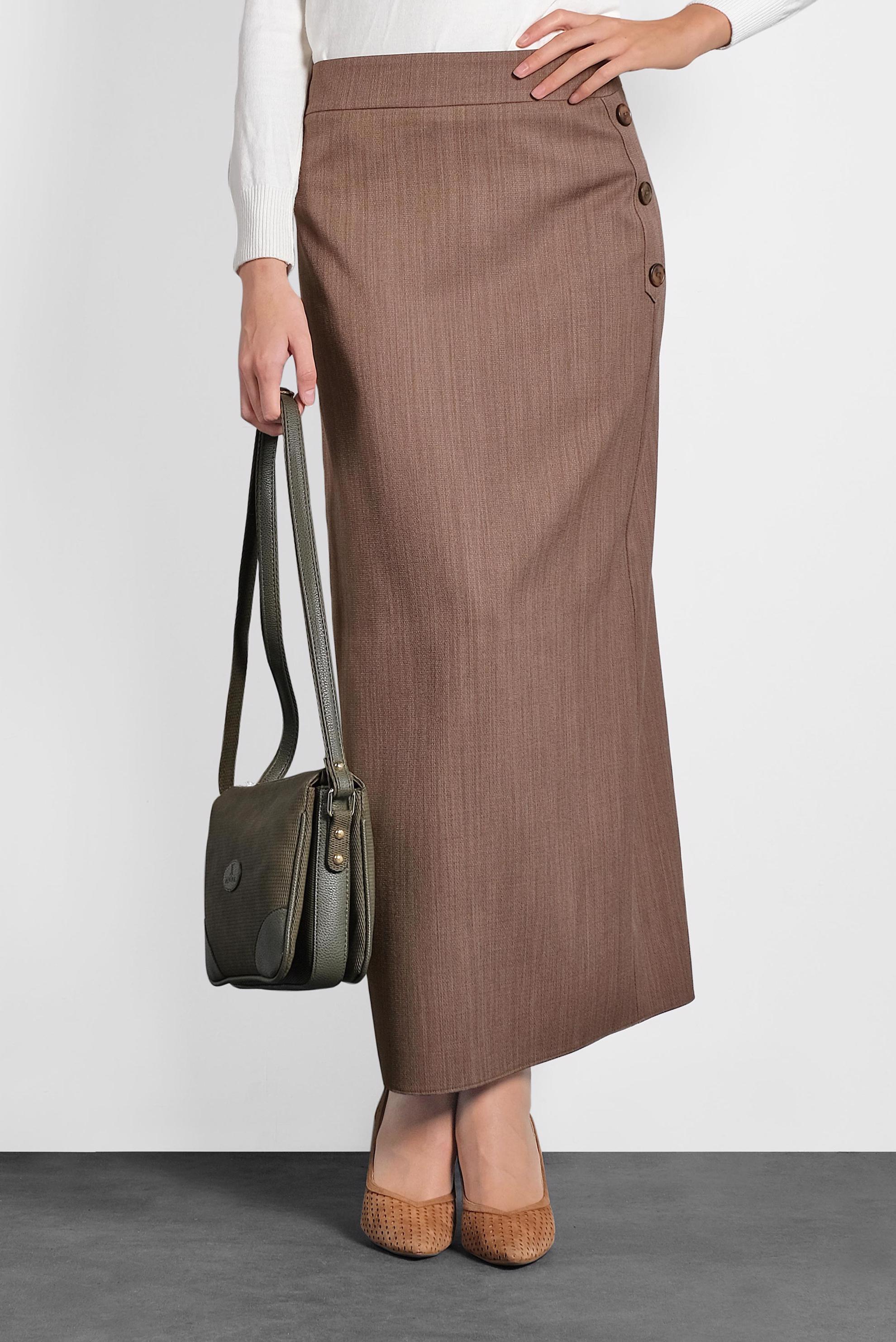 Tesettür giyim KAHVE YANDAN DÜĞMELİ ETEK 60016 