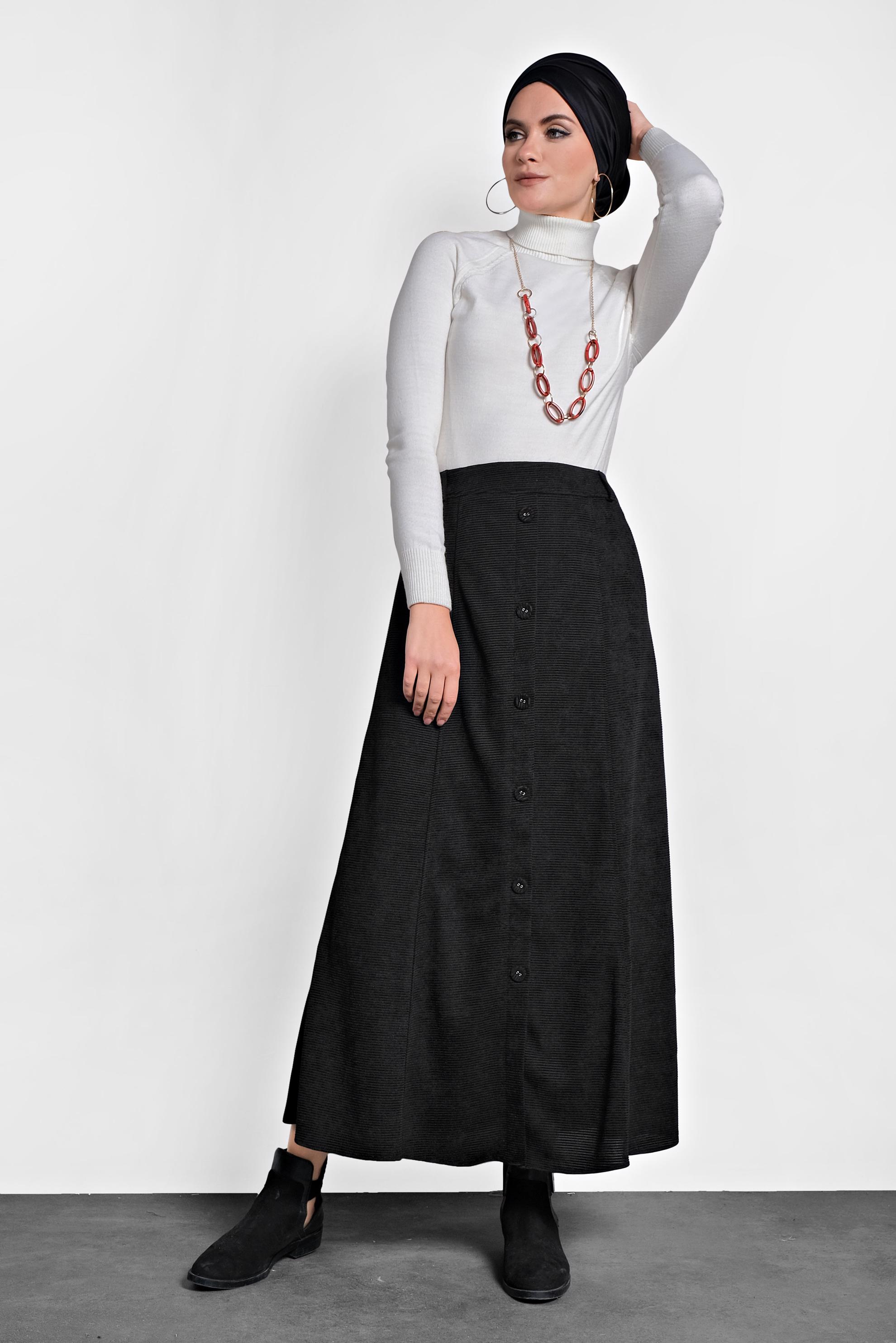 Tesettür giyim SİYAH DÜĞMELİ ŞÖNİL KADİFE ETEK 60019 
