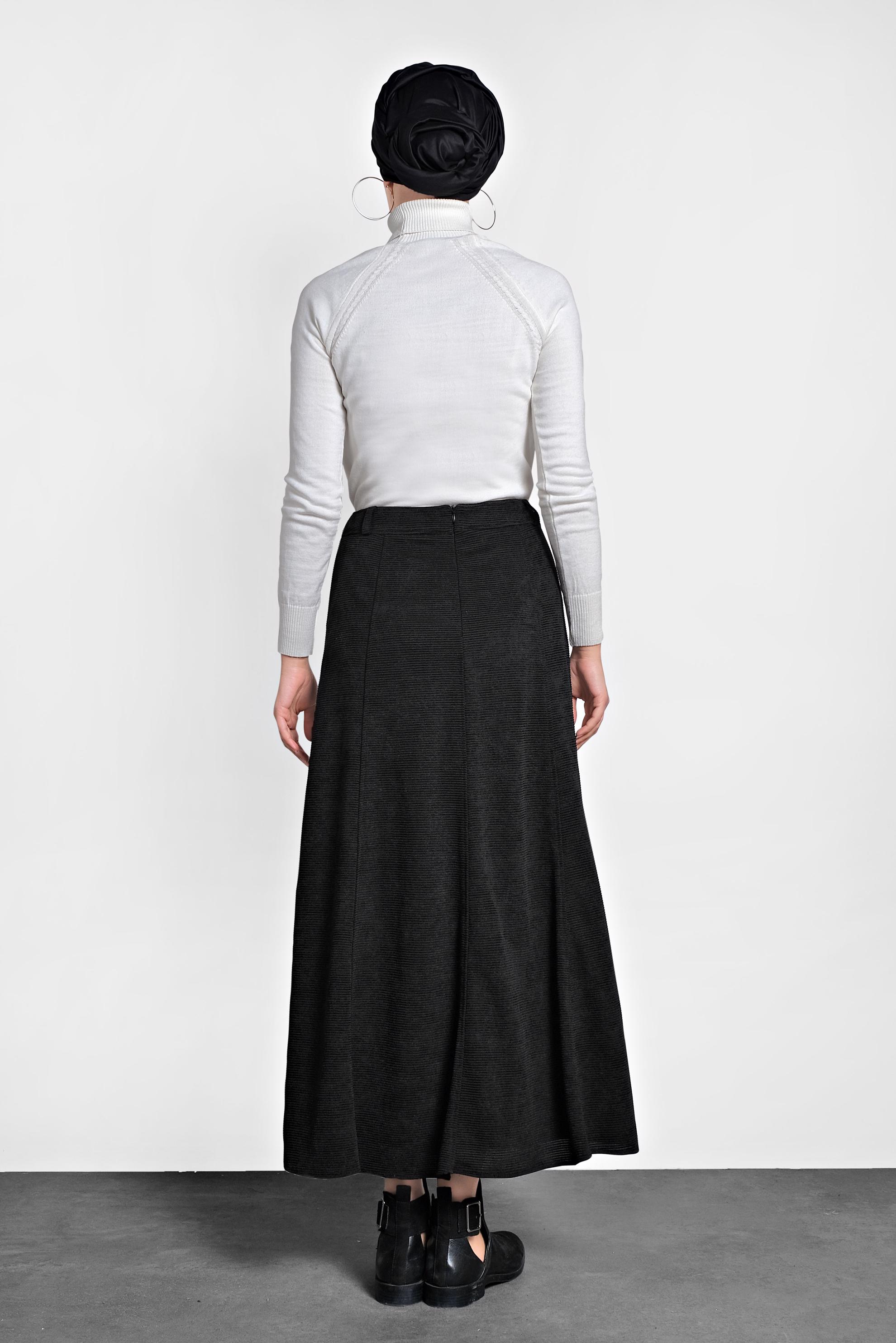 Tesettür giyim SİYAH DÜĞMELİ ŞÖNİL KADİFE ETEK 60019 