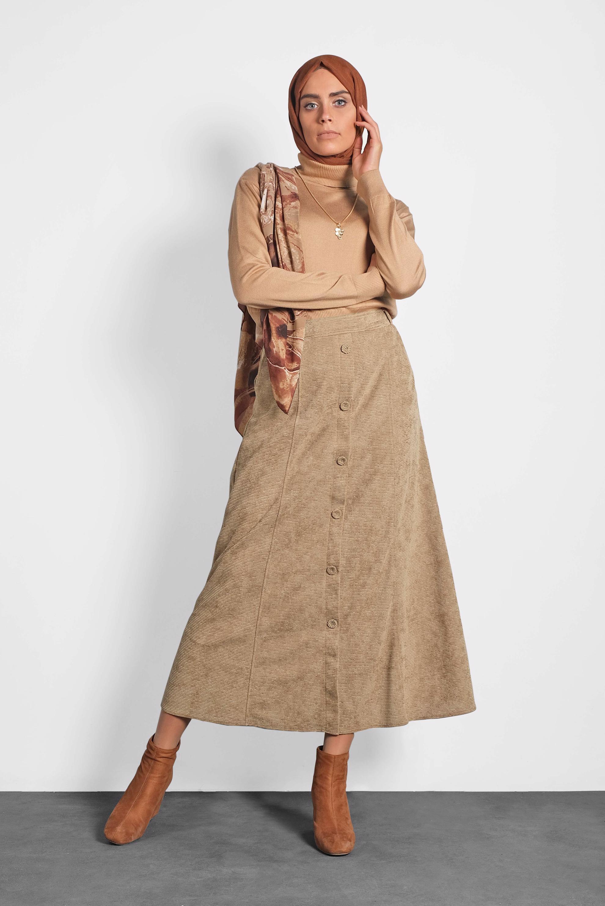 Tesettür giyim KAHVE DÜĞMELİ ŞÖNİL KADİFE ETEK 60019 