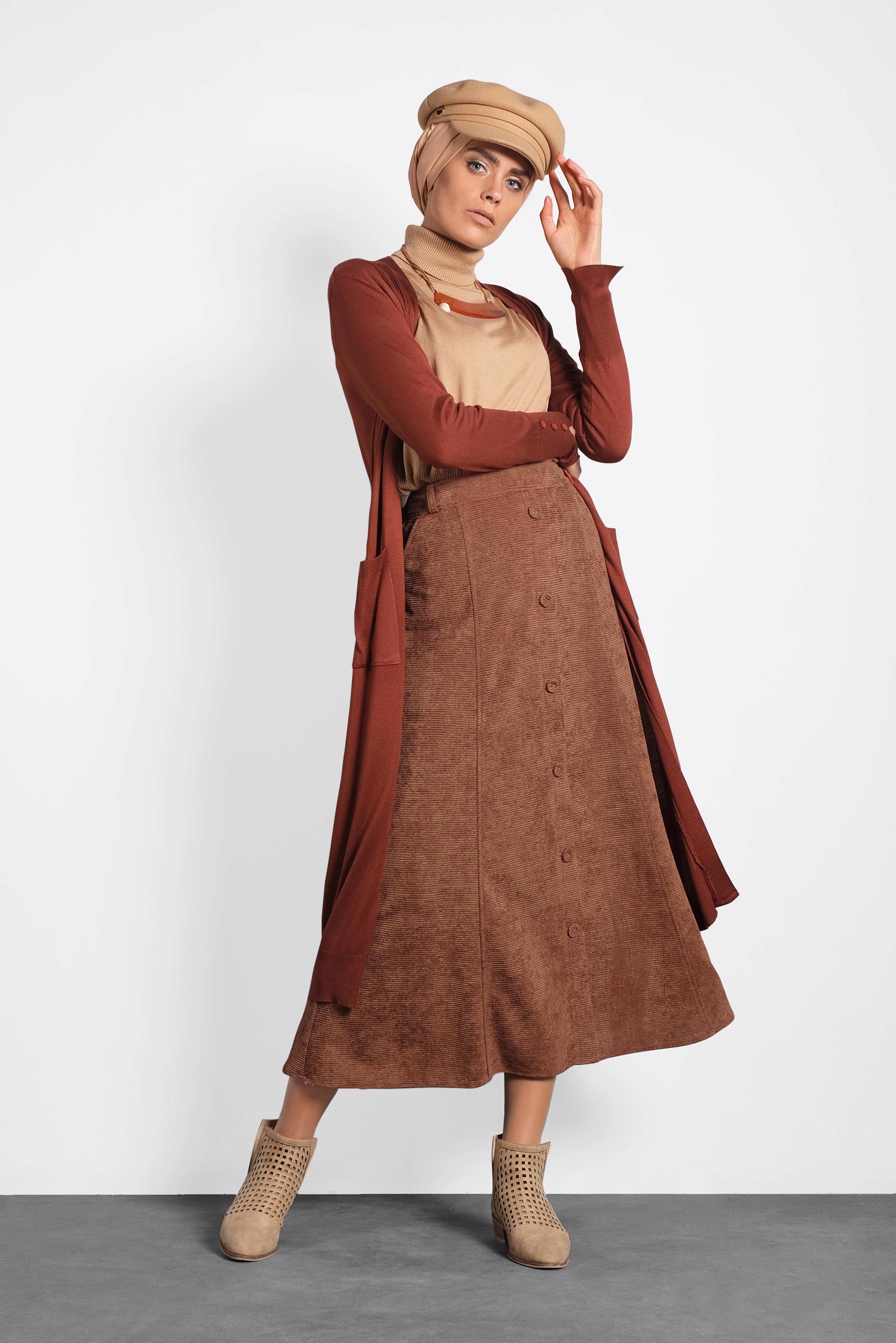 Tesettür giyim TURUNCU DÜĞMELİ ŞÖNİL KADİFE ETEK 60019 