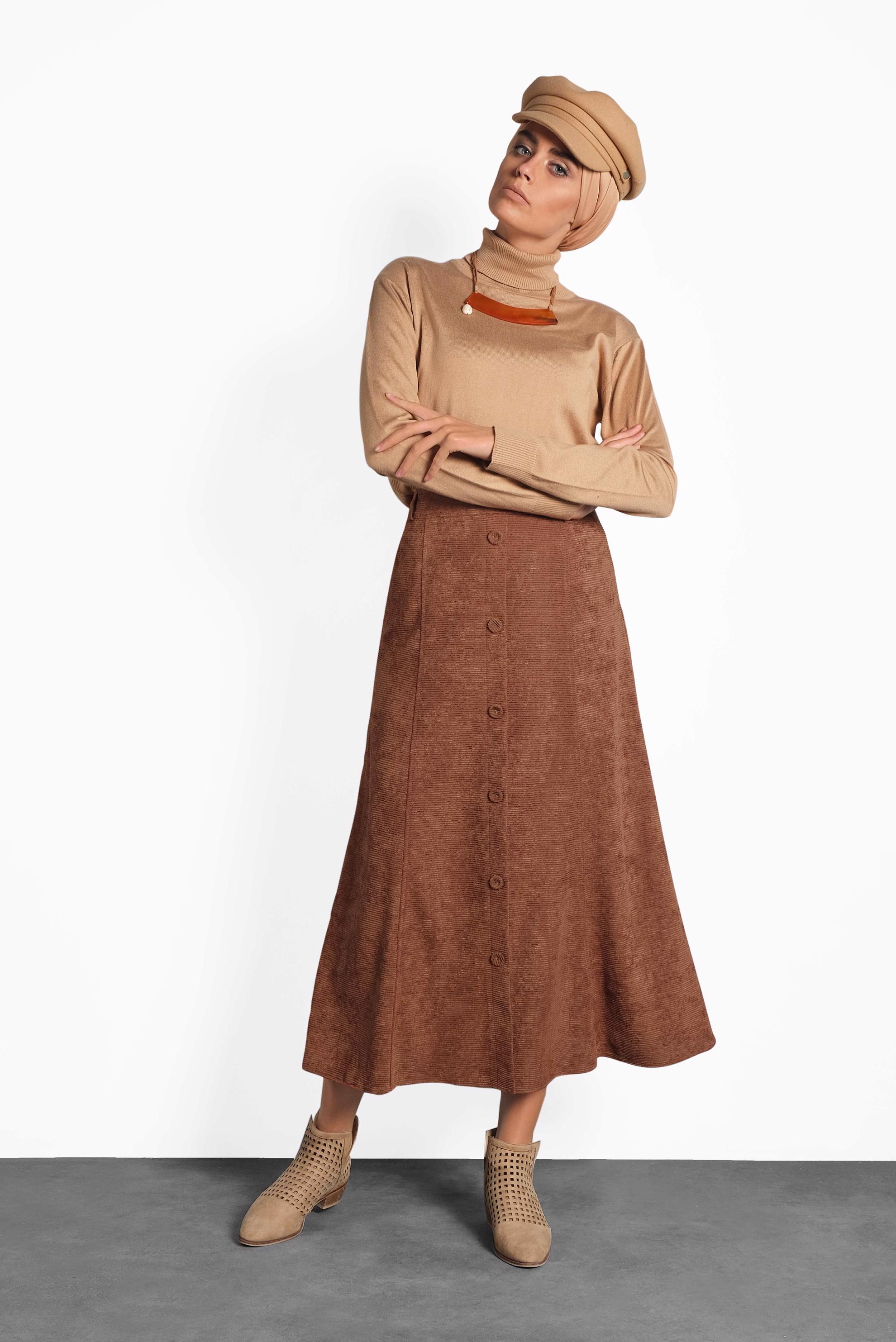 Tesettür giyim TURUNCU DÜĞMELİ ŞÖNİL KADİFE ETEK 60019 