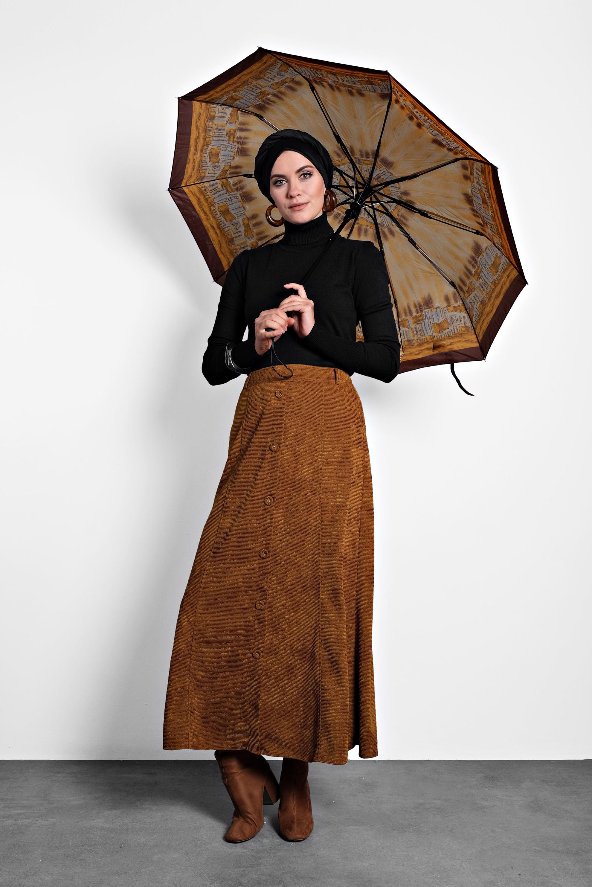 Tesettür giyim TABA DÜĞMELİ ŞÖNİL KADİFE ETEK 60019 