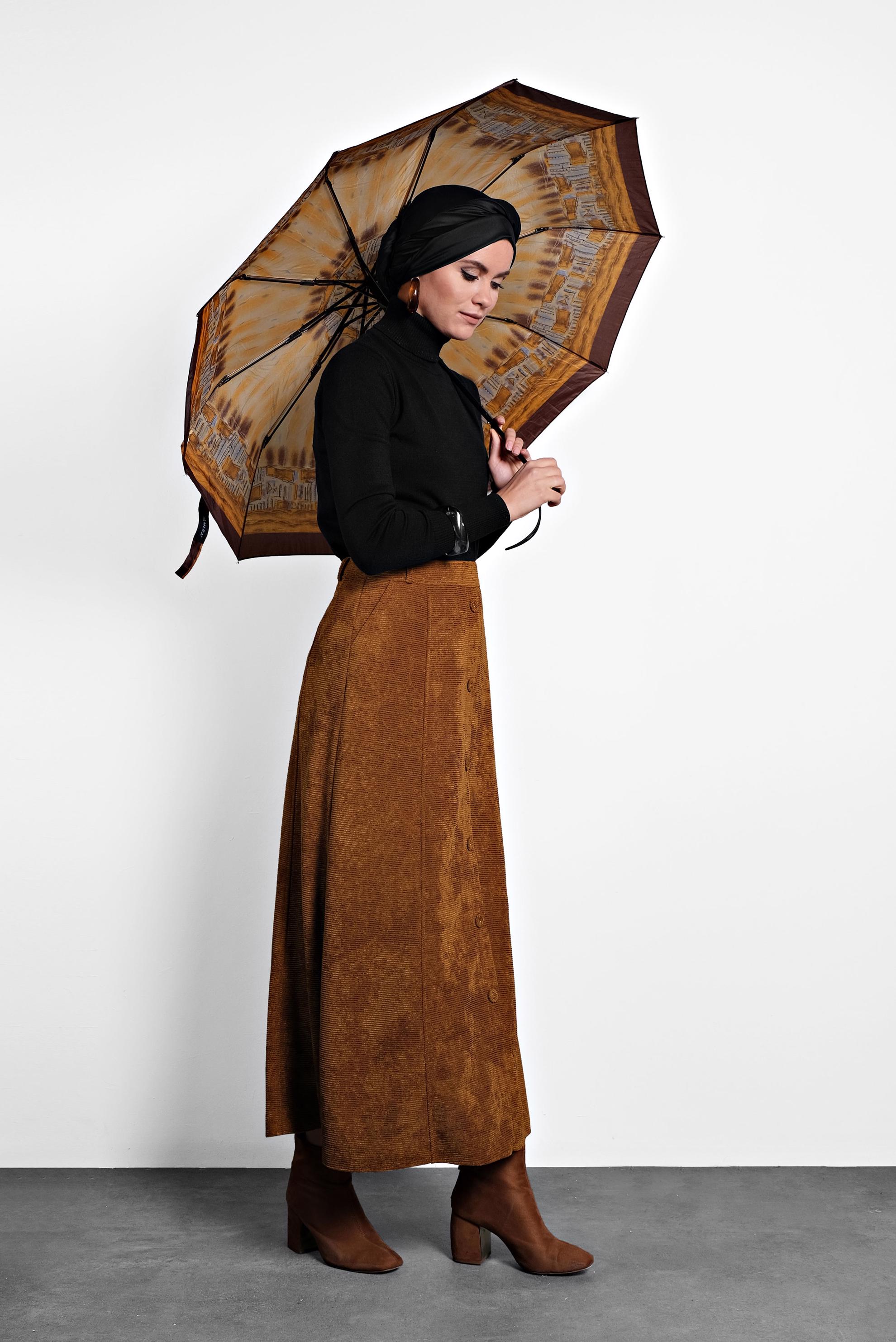 Tesettür giyim TABA DÜĞMELİ ŞÖNİL KADİFE ETEK 60019 