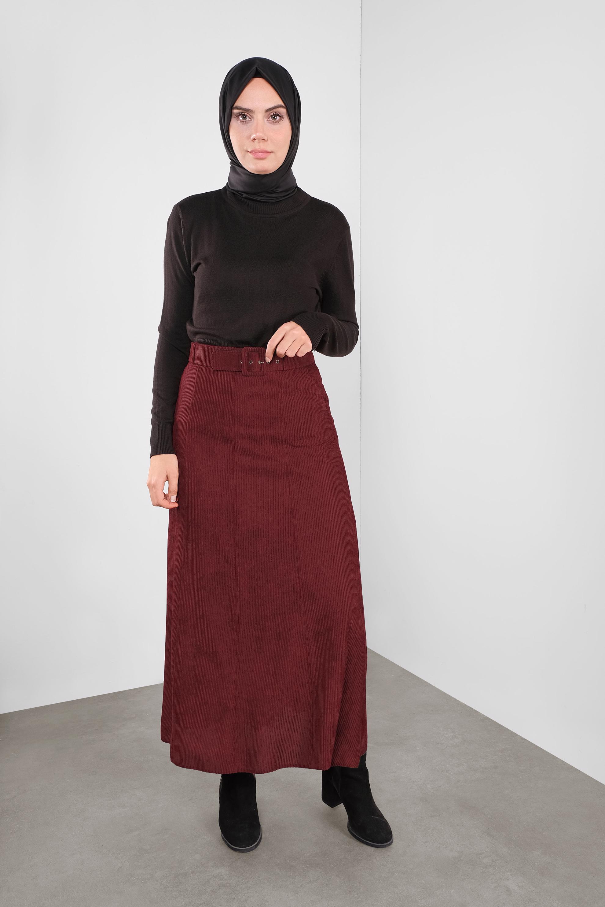 Tesettür giyim BORDO ŞÖNİL KADİFE ETEK 60020